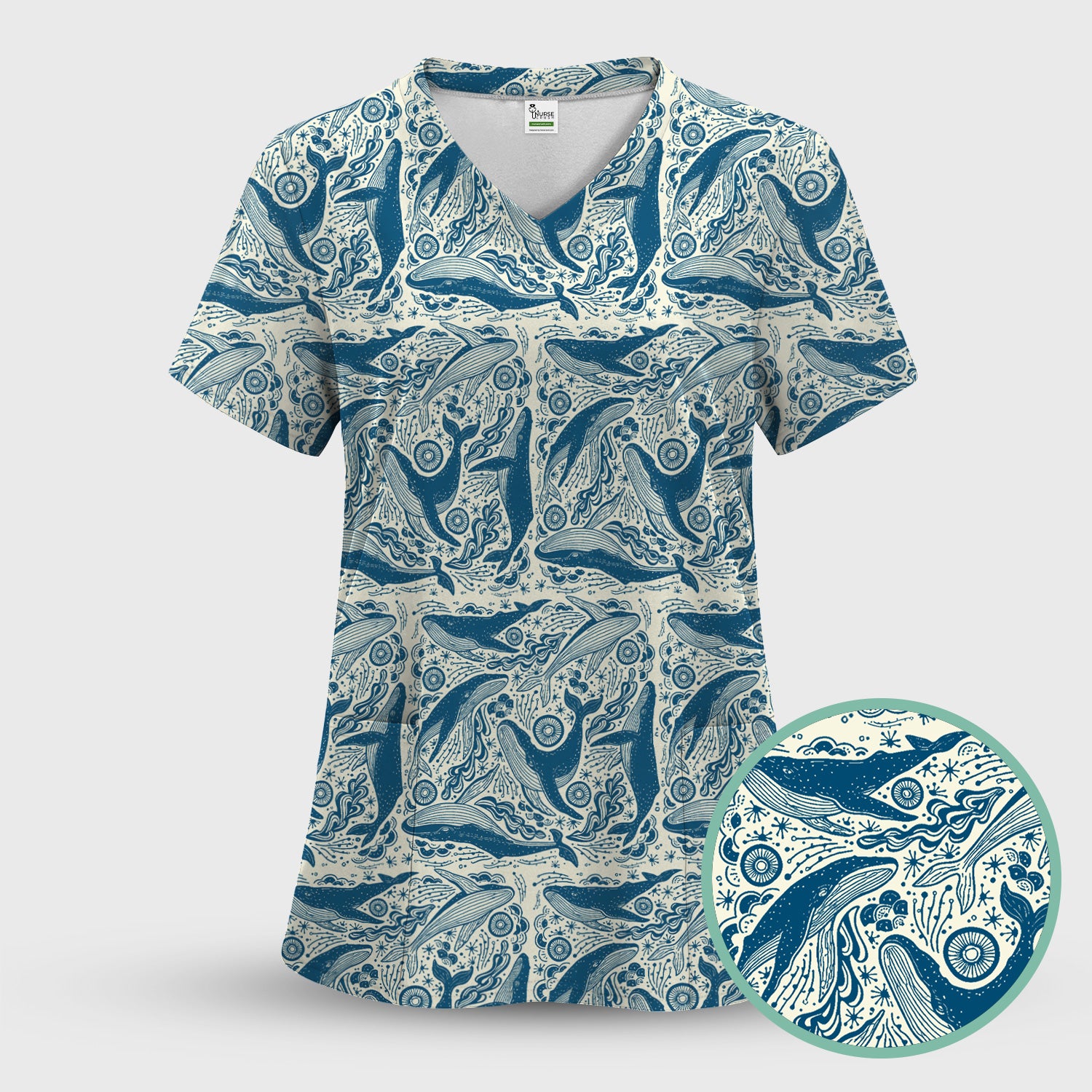 Blue Whale Ocean Pattern Scrub Top, Breathable Fabrics Nursing Uniform