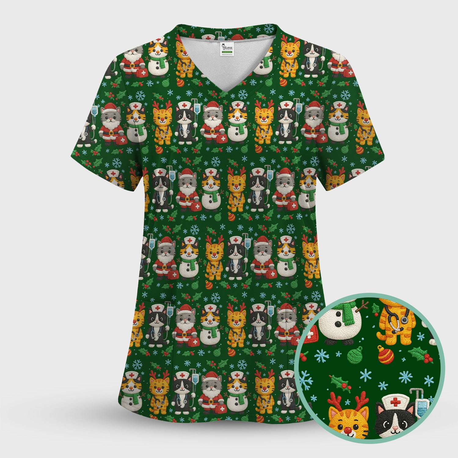 Christmas Cat Nurse Pattern Scrub Top, Cute Holiday Kitty Medical Uniform Shirt For Nursing