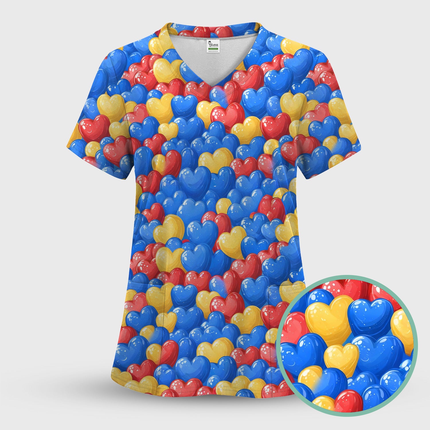Colorful Autism Heart Pattern Scrub Set, Scrub Pants and V Neck Top