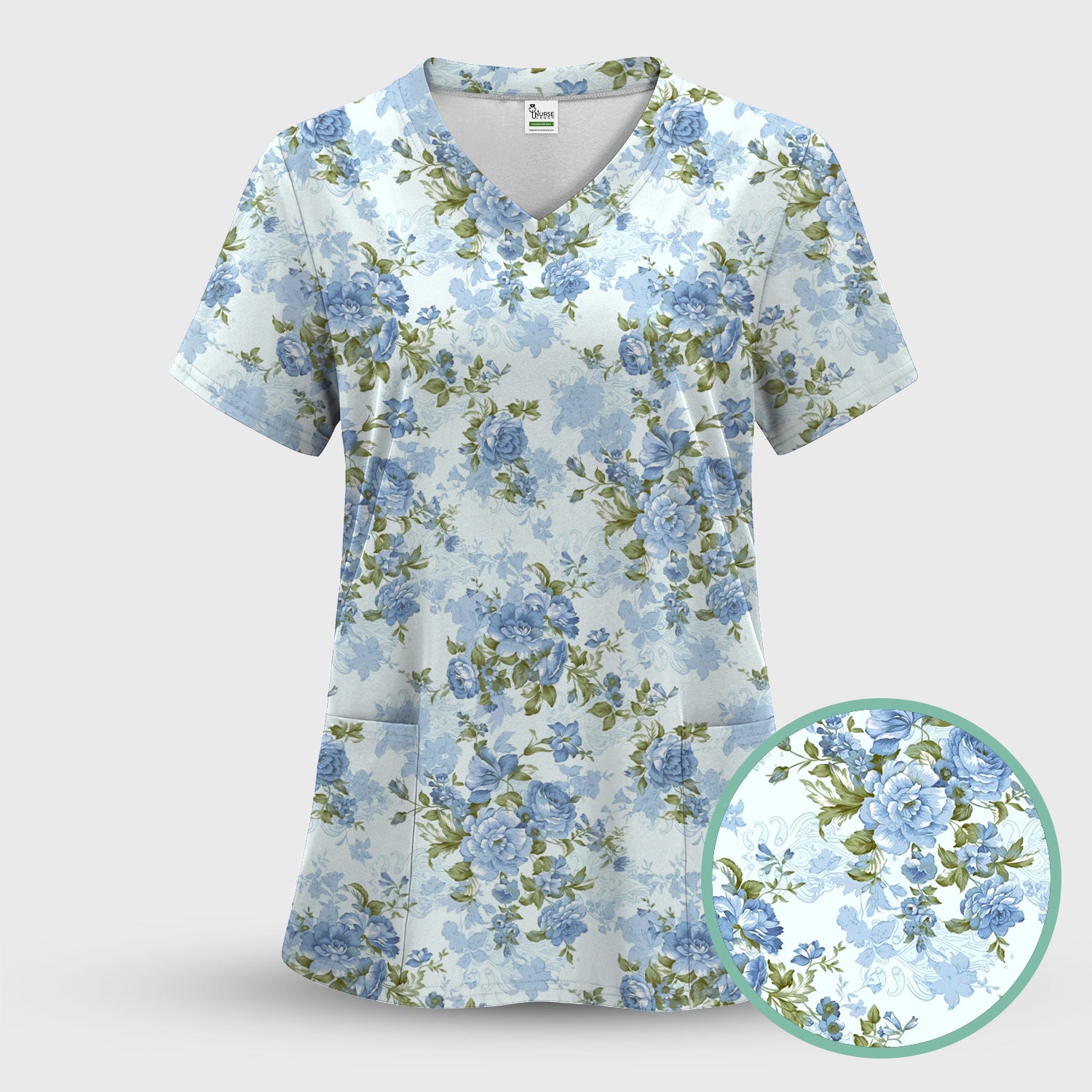 Cute Blue Floral Pattern Scrub Top, Comfortable Scrubs for Nurses