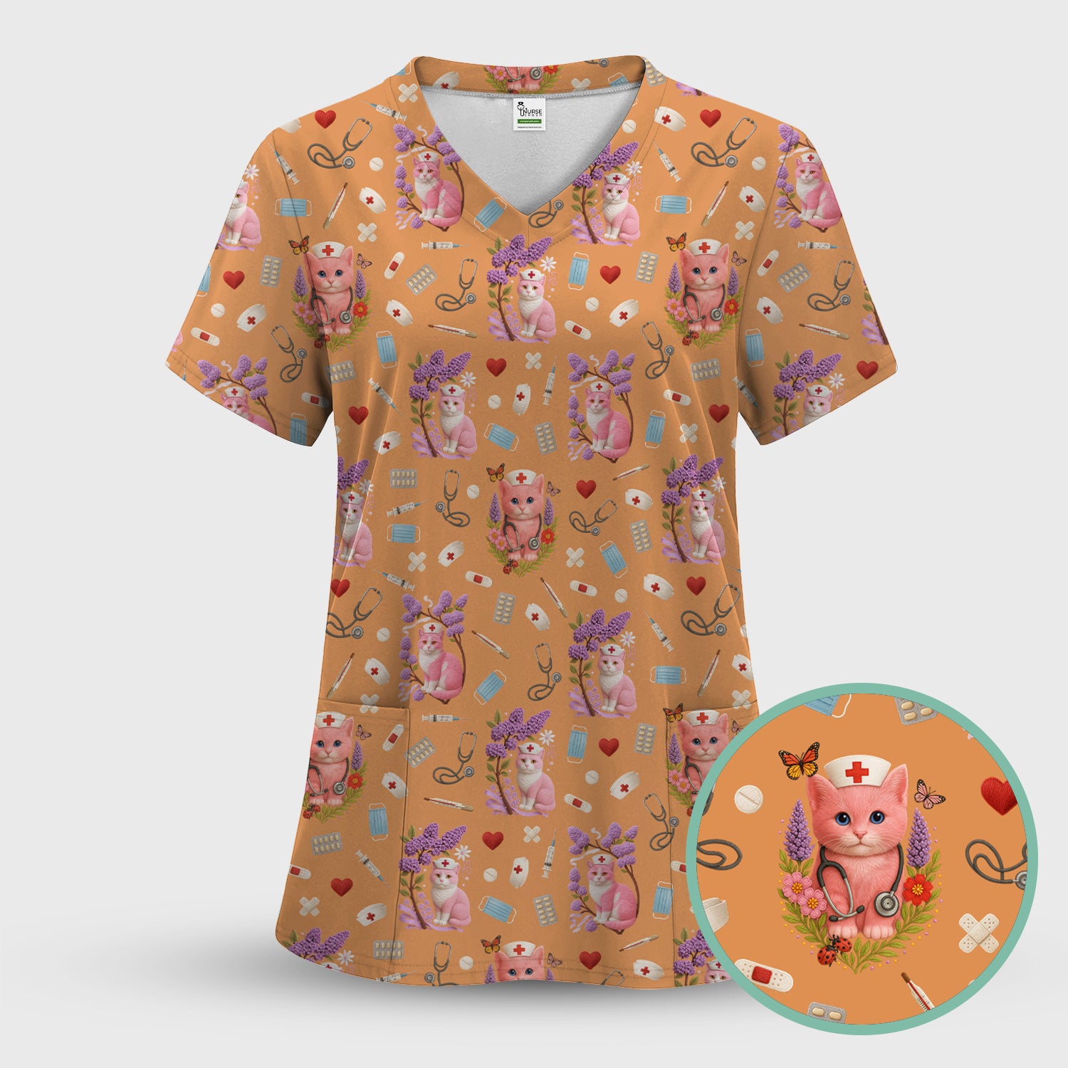 Pink Cat Nurse Scrub Top - Cute Medical Pattern Scrubs for Women - Funny Kitty Print Shirt Gift for RN LPN CNA Healthcare Workers