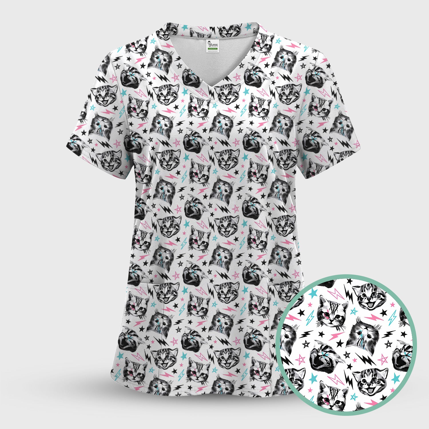 Playful Cat Faces Lightning Pattern Scrub Set, Scrub Pants and V Neck Top