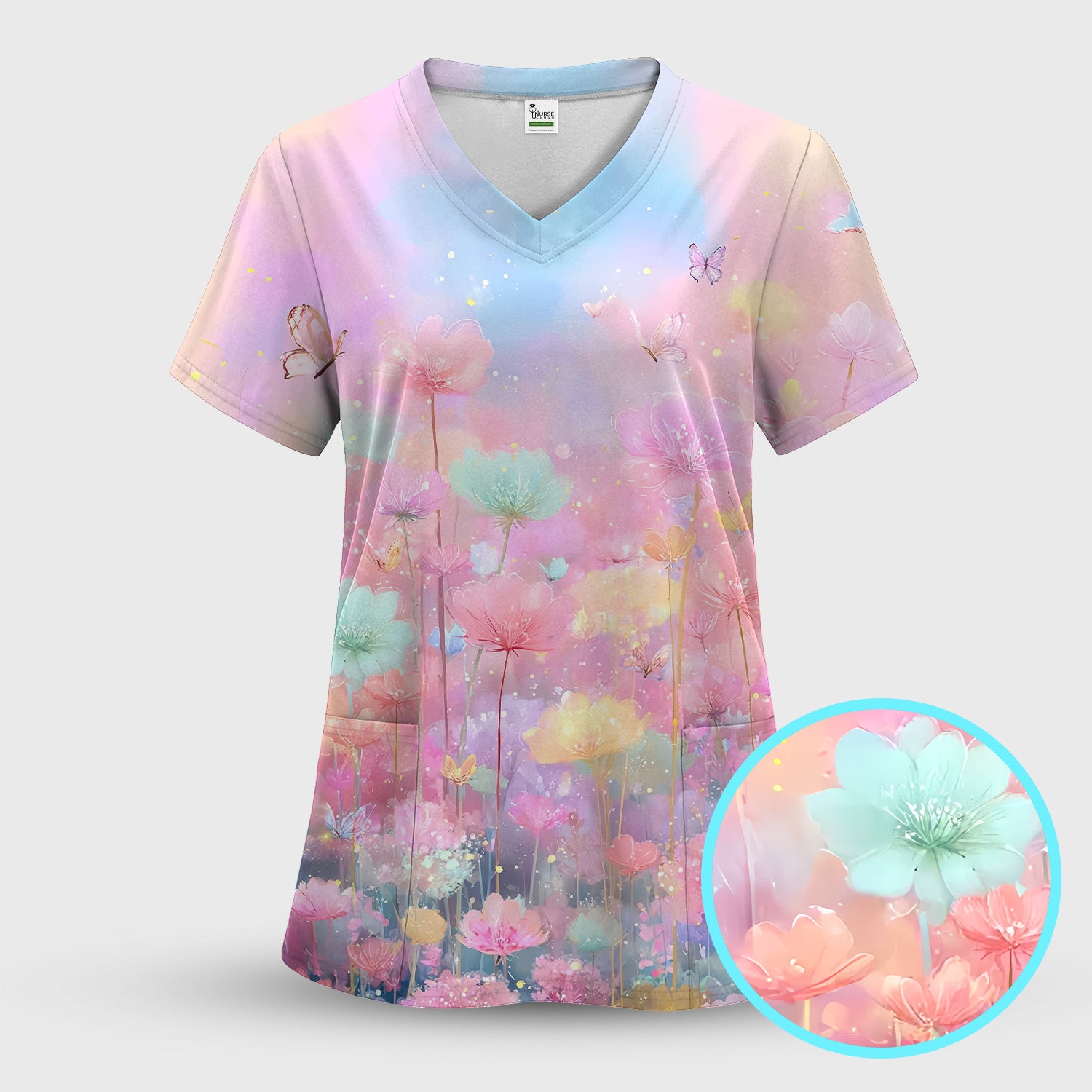 Dreamy Pastel Watercolor Floral Garden Scrub Top, Breathable Fabrics Nursing Uniform