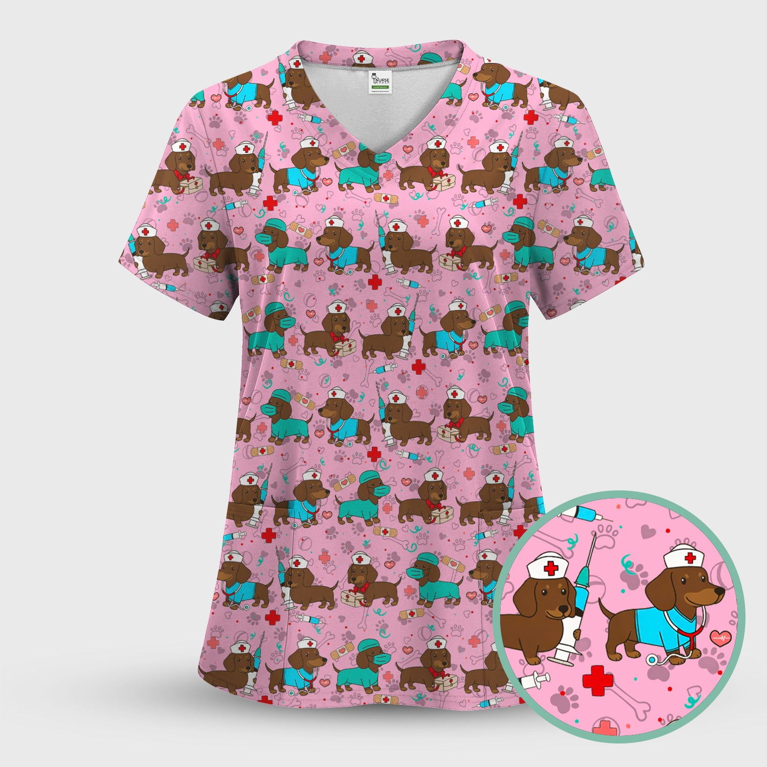 Cute Wiener Dog Dachshund Nurse Scrub Top, Funny Dachshund Dog Scrubs Shirt, Breathable Fabrics Nursing Uniform