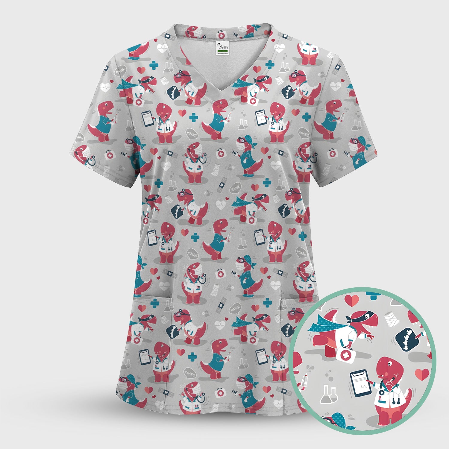 Cute Dinosaur Doctor Medical Pattern Scrub Top, Breathable Fabrics Nursing Uniform