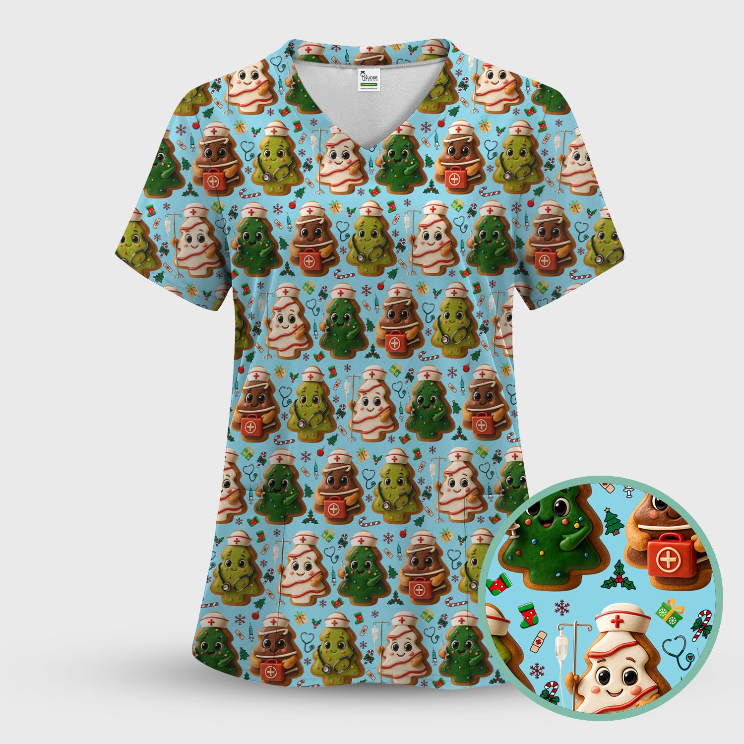 Christmas Cookie Scrub Top – Festive Nurse & Holiday Tree Pattern – Cute Medical Uniform for Nurses, Vets and Healthcare Workers