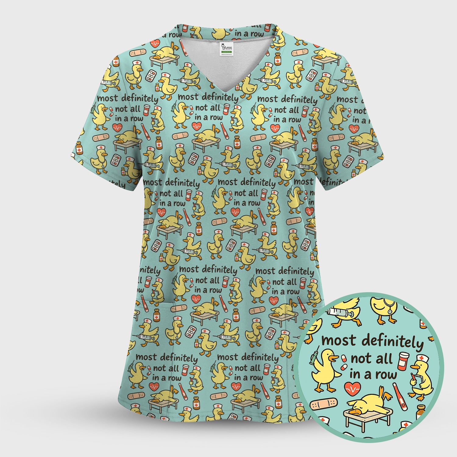 Funny Nurse Duck Medical Humor Pattern Scrub Set, Scrub Pants and V Neck Top