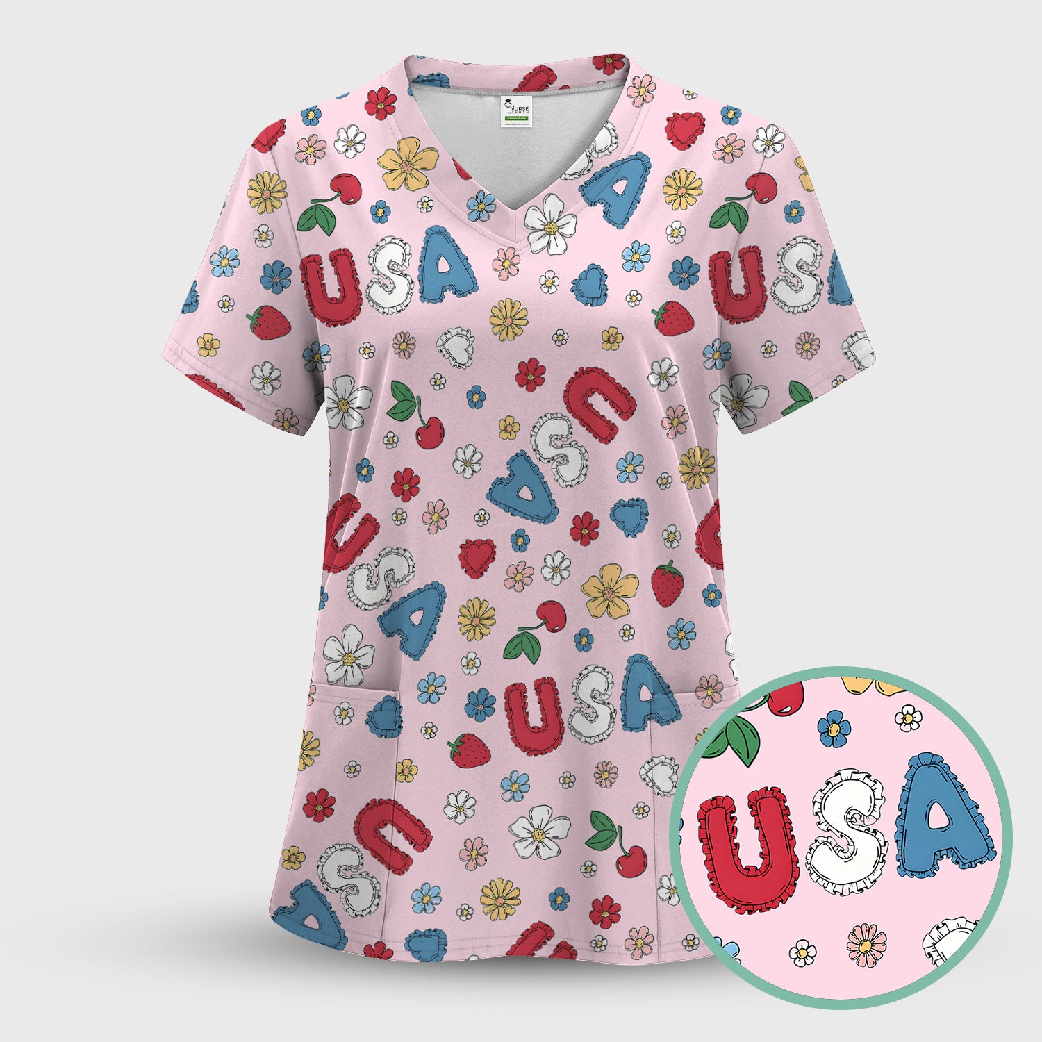 USA Cherry Strawberry Floral Patch Pattern Scrub Set, Scrub Pants and V Neck Top