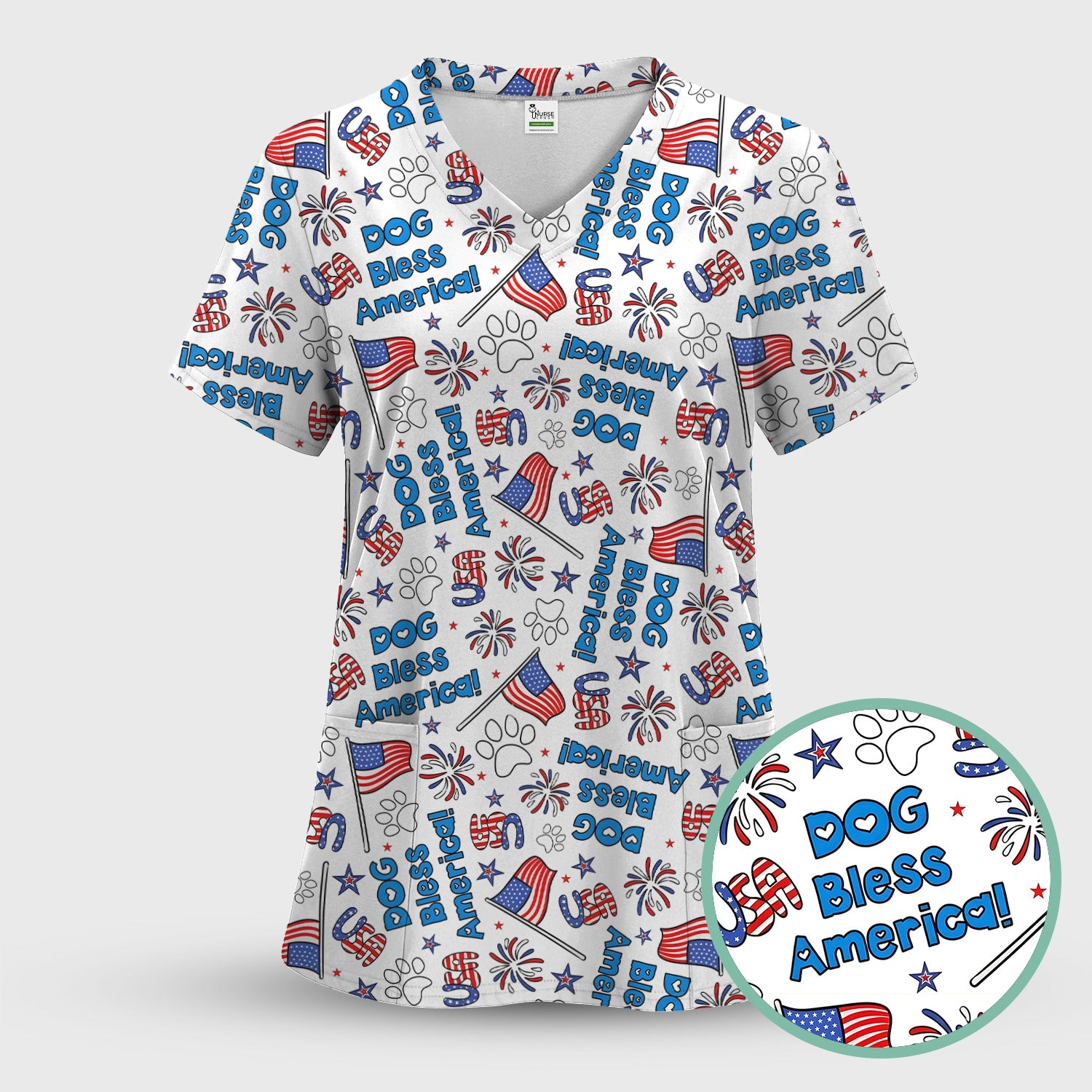Funny Patriotic Dog Bless America Flag Pattern Scrub Set, Scrub Pants and V Neck Top