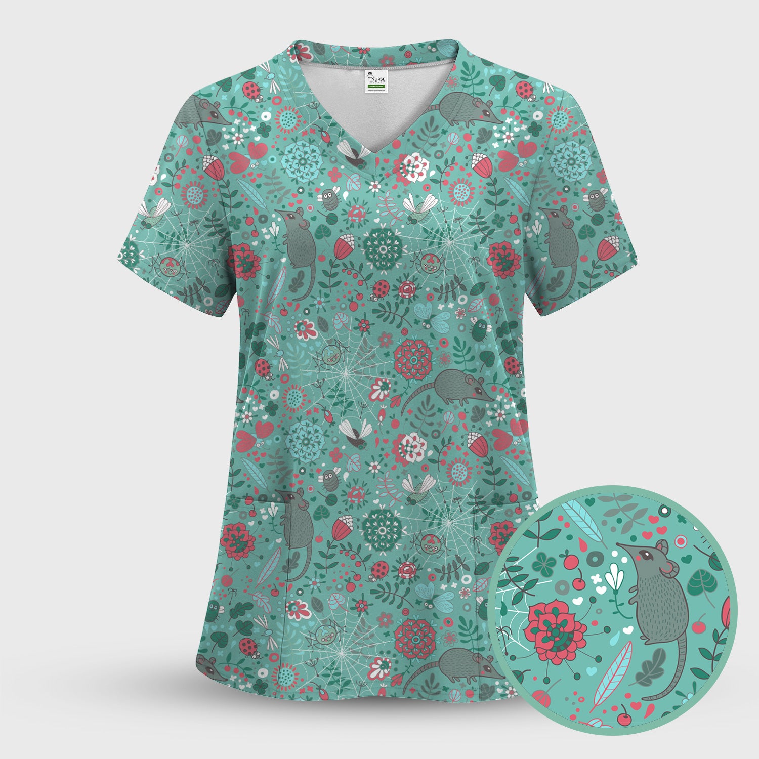 Woodland Mouse Floral Pattern Scrub Set, Breathable Med Uniform