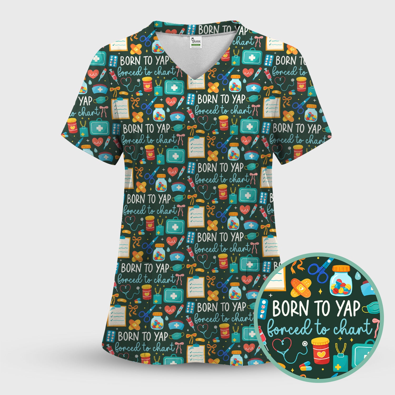 Born To Yap Medical Tools Pattern Scrub Top, Comfortable Scrubs for Nurses