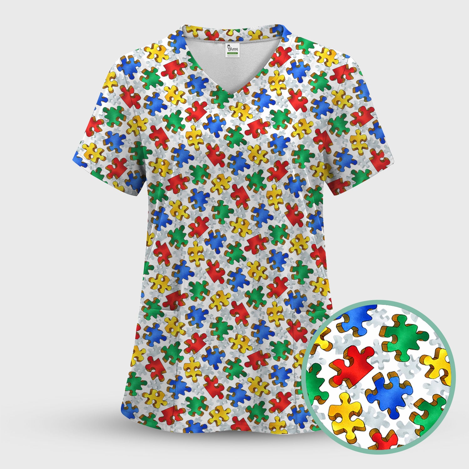 Colorful Autism Puzzle Piece Pattern Scrub Top, Comfortable Scrubs for Nurses