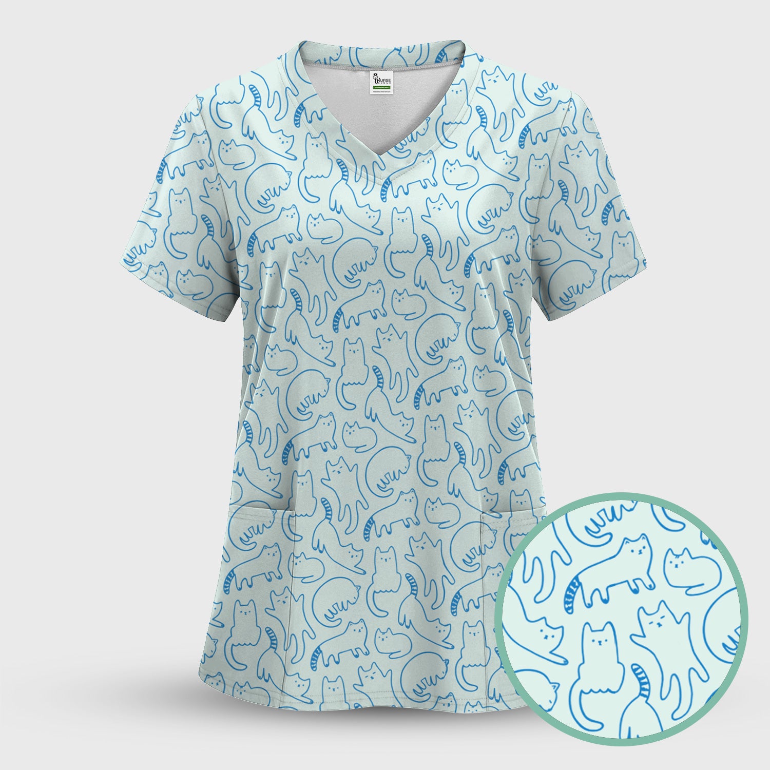 Artistic Cat Pattern Medical Scrub Top, Breathable Fabrics Nursing Uniform