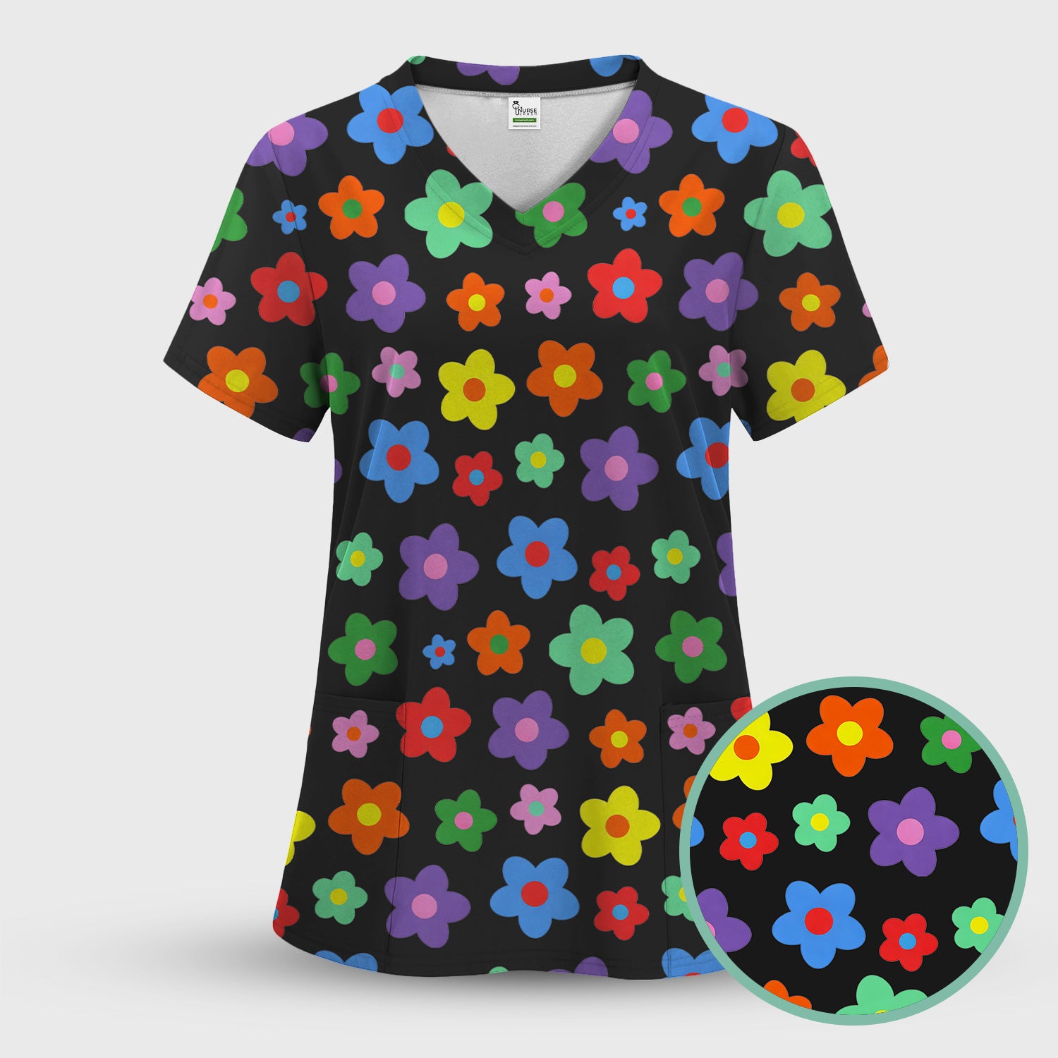 Colorful Retro Flower Pattern Print Scrub Top, Breathable Fabrics Nursing Uniform