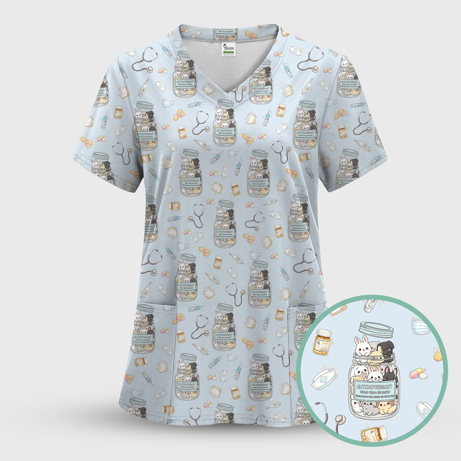 Whimsical Antidepressant Rabbit Jar Design Nurse Scrub Top, Soft & Breathable Workwear