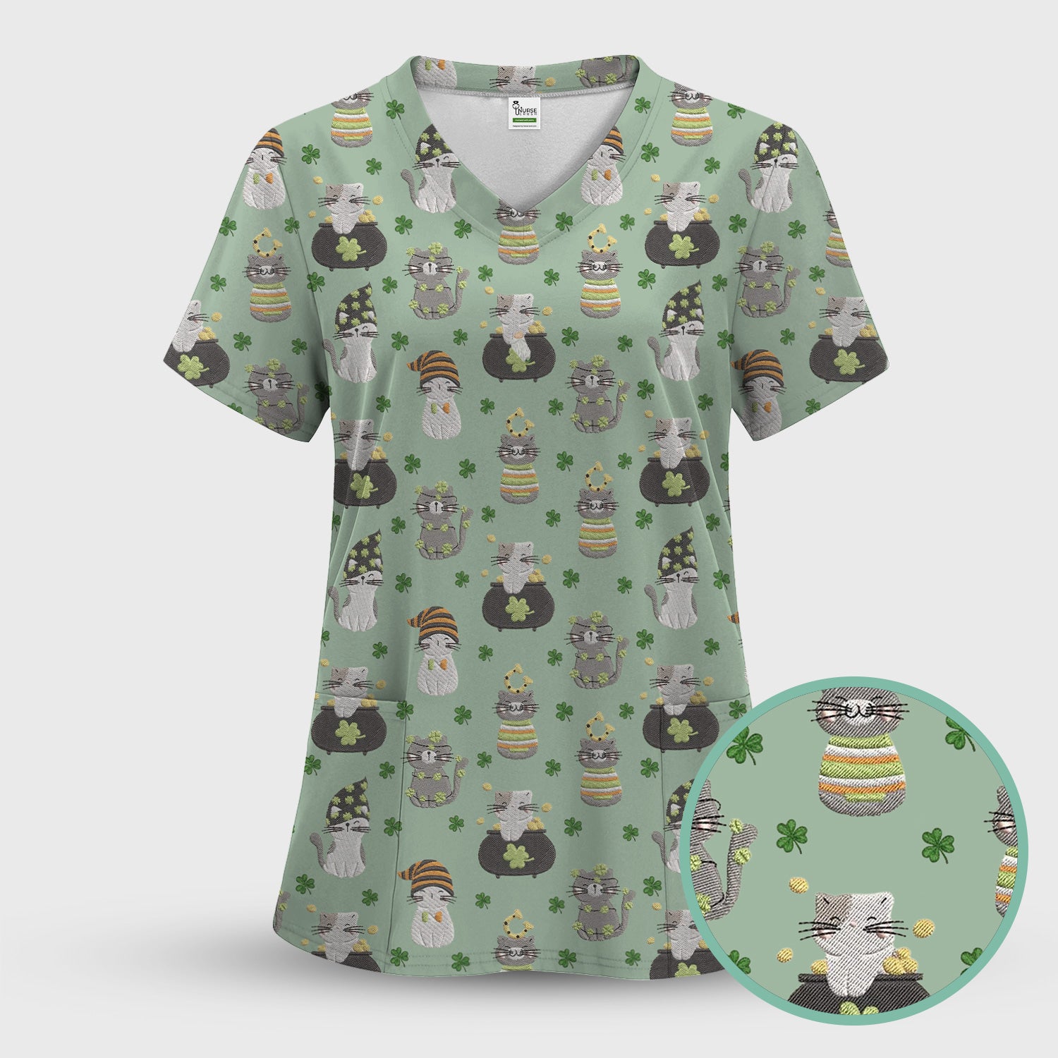 St. Patrick’s Day Scrub Top, Lucky Cat With Shamrock Pattern Shirt, Breathable Fabrics Nursing Uniform