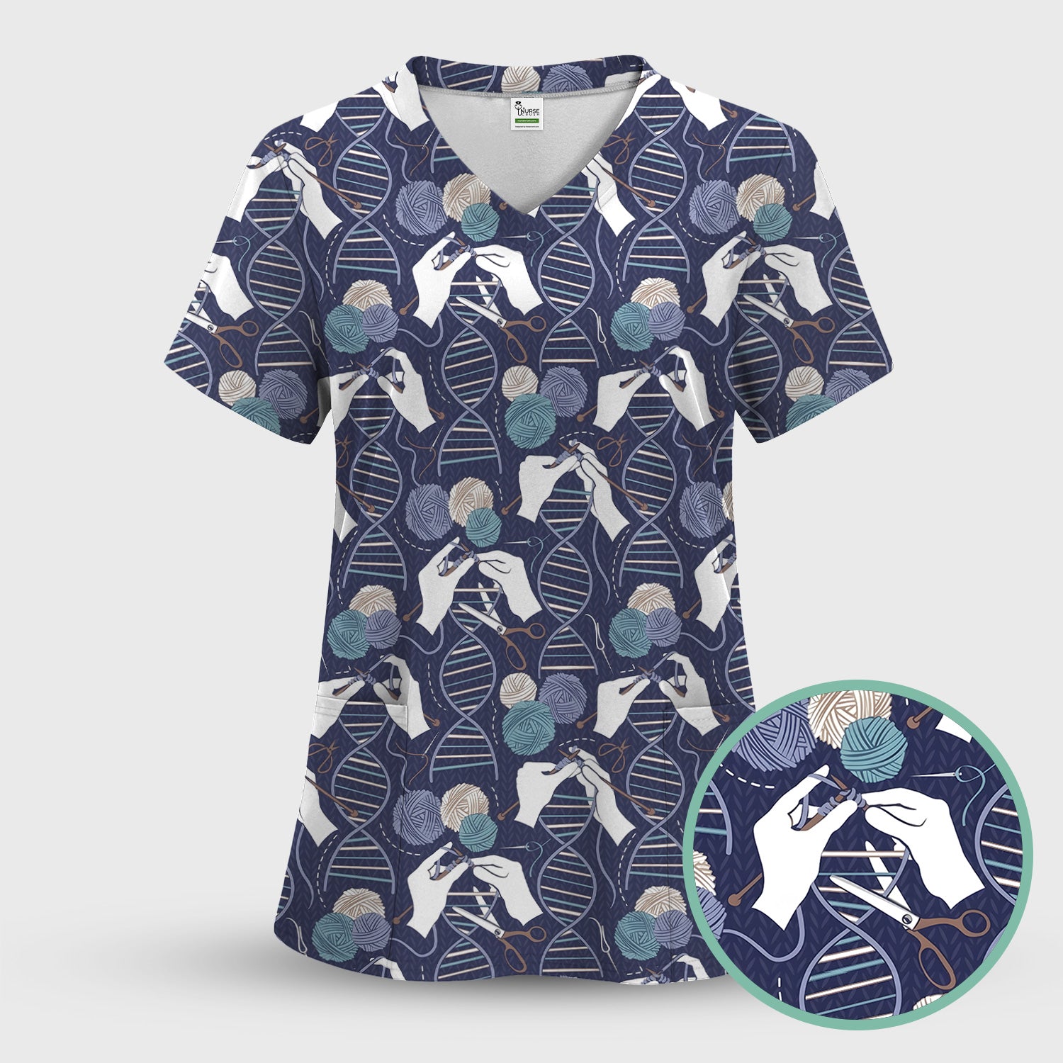 DNA Helix Yarn Pattern Scrub Set, Scrub Pants and V Neck Top