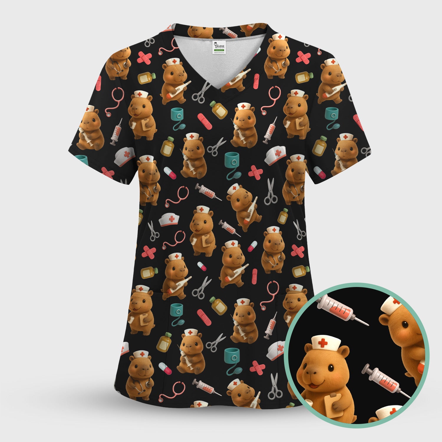 Funny Bear Scrub Top for Women - Nurse Hat and Syringe Pattern Medical Scrubs - Cute Teddy Nurse Shirt Gift for RN CNA LPN