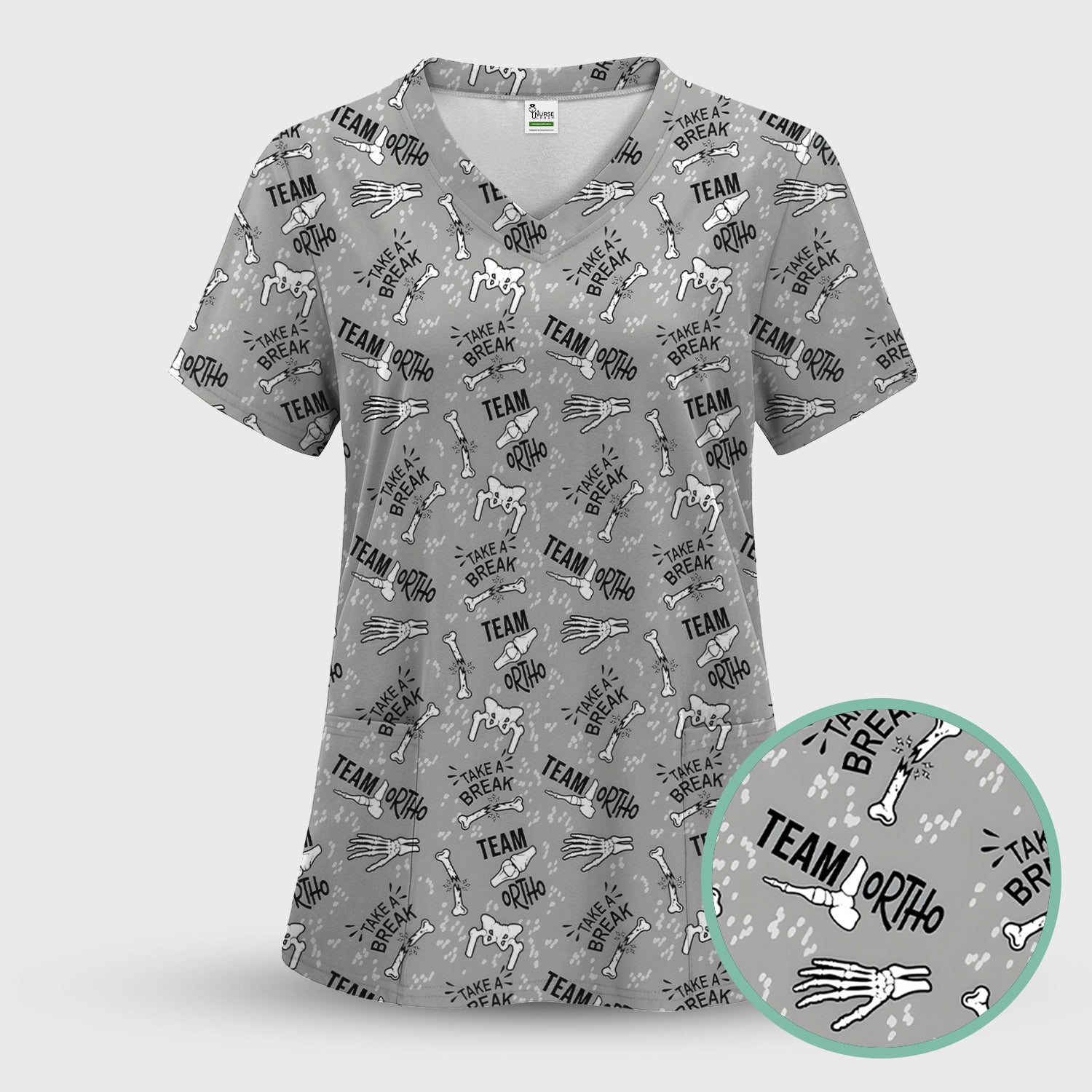 Team Ortho Bone Joint Print Scrub Top, Breathable Fabrics Nursing Uniform