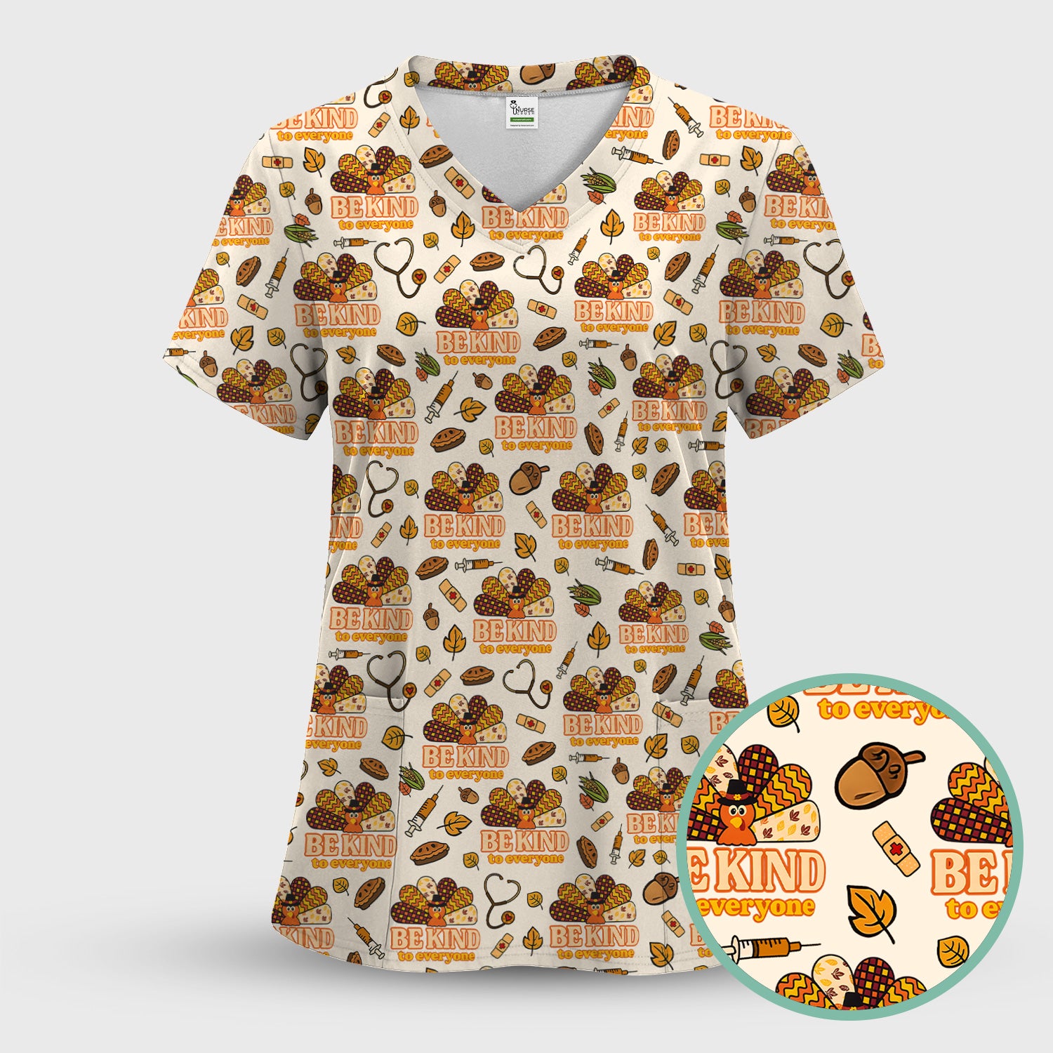 Thanksgiving Be Kind Scrub Top – Fall Nurse Shirt with Heart and Leaf Pattern – Cute Autumn Medical Uniform for Healthcare Staff