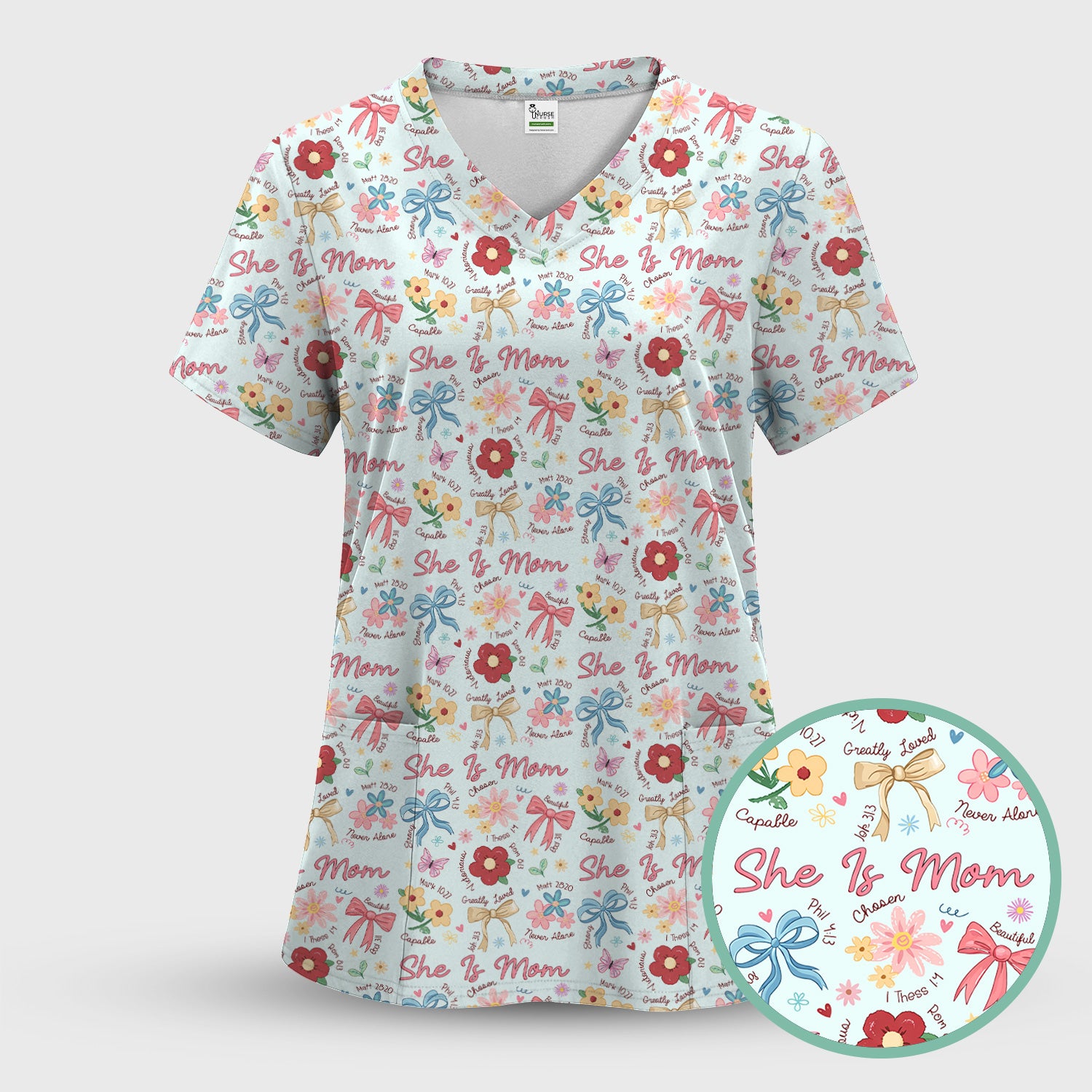She Is Mom Floral Bow Pattern Scrub Top, Comfortable Scrubs for Nurses