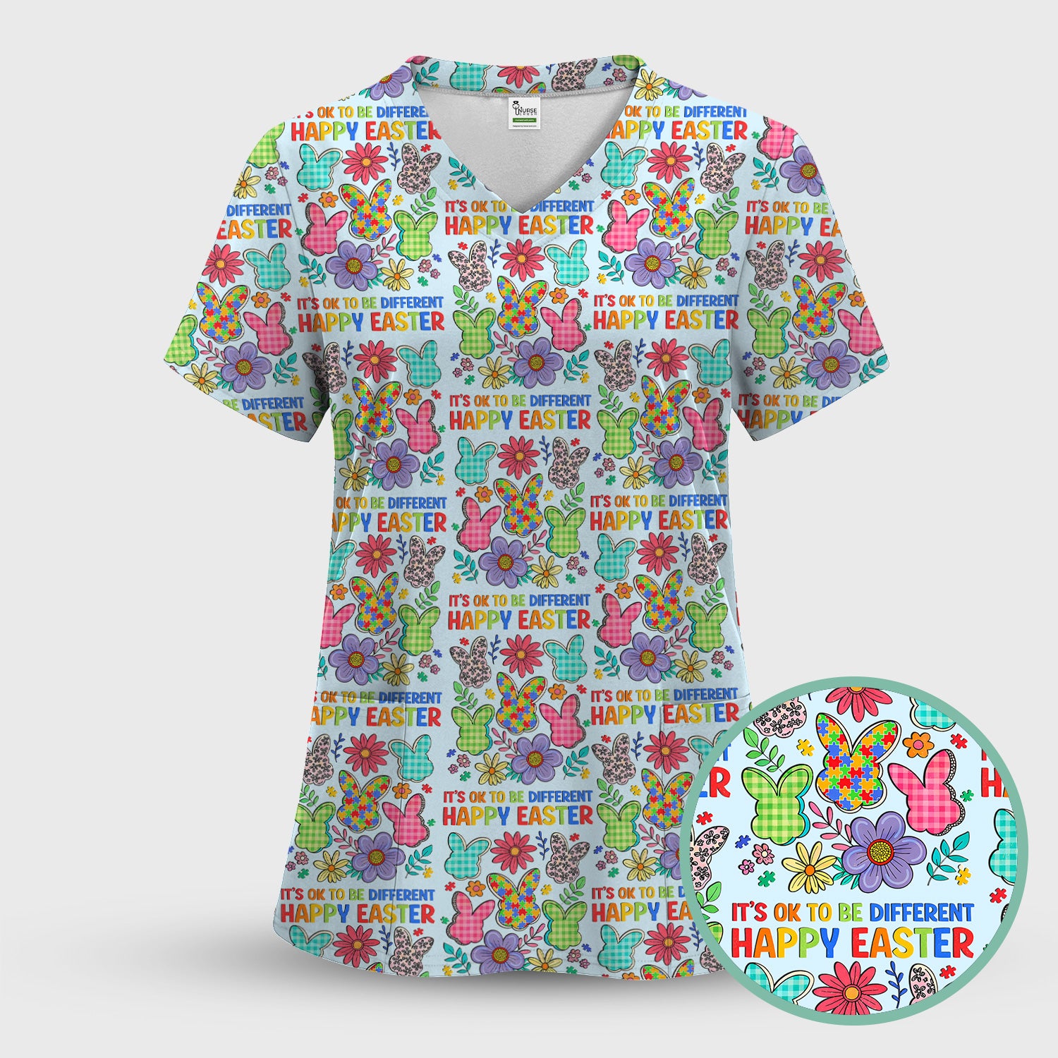 Happy Easter Bunny Floral Print Scrub Top, Breathable Fabrics Nursing Uniform