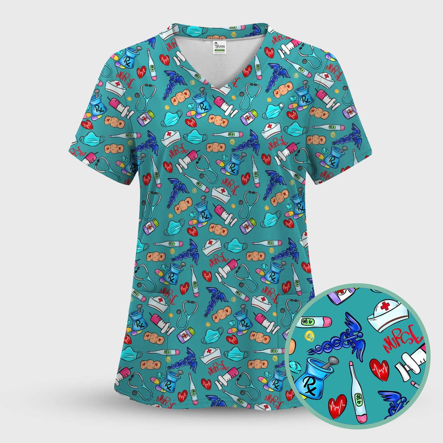 Nurse Medical Icons Stethoscope Heart Pattern Scrub Top, Comfortable Scrubs for Nurses
