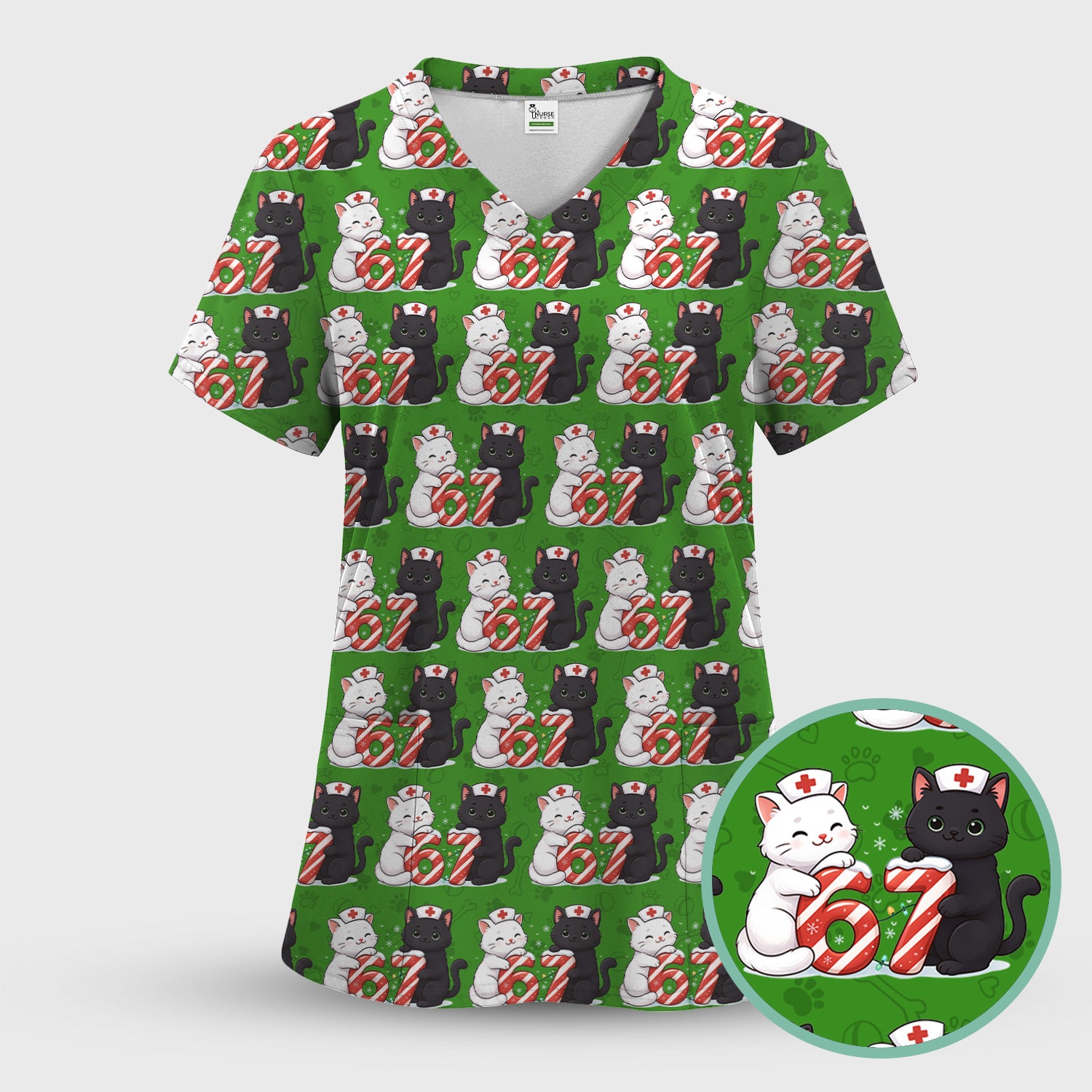 Xmas Cat Pattern Scrub Top, Christmas Nurse Six Seven With Cat Scrub Shirt, Breathable Fabrics Nursing Uniform