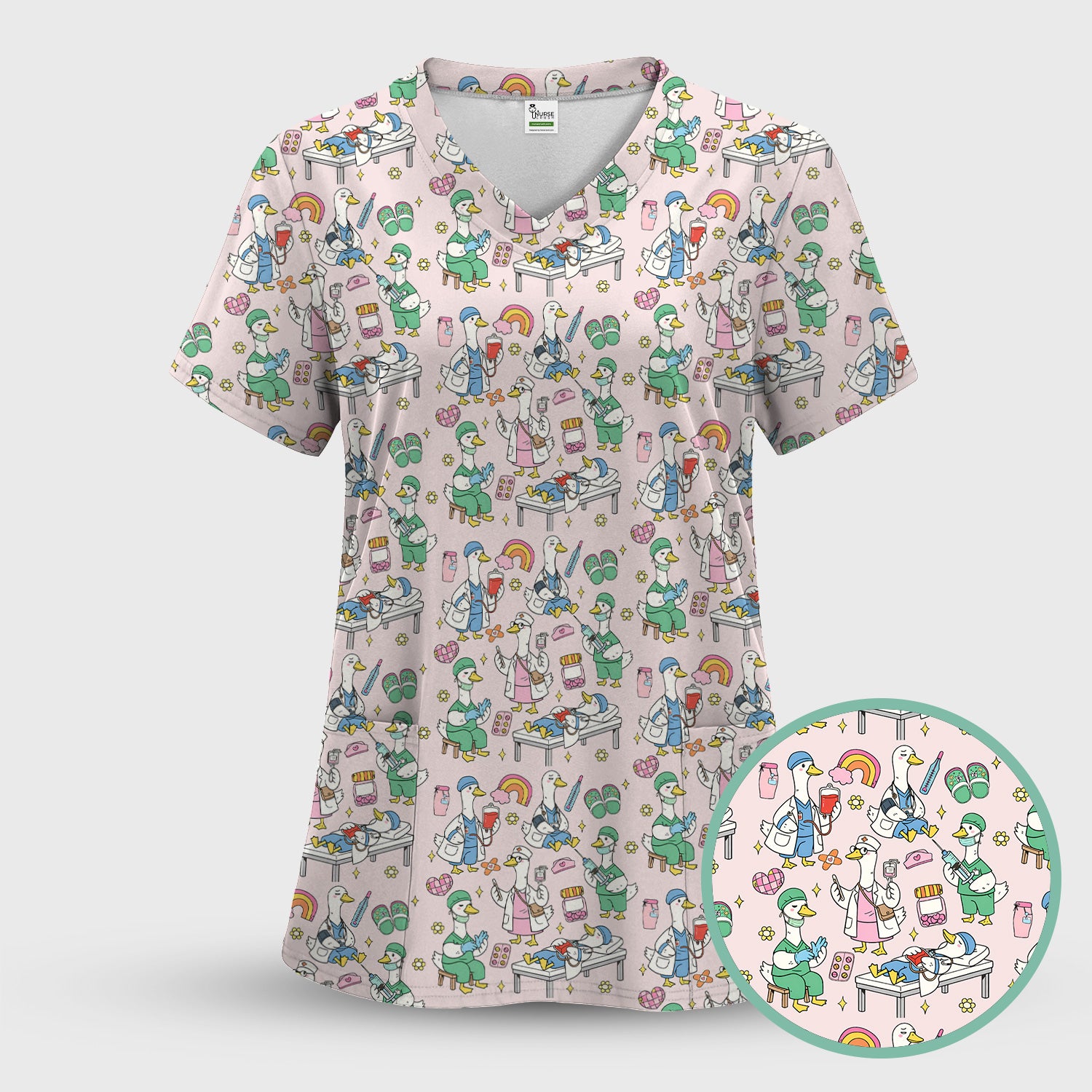 Funny Nurse Duck Medical Doodle Pattern Scrub Top, Comfortable Nurse Workwear Top