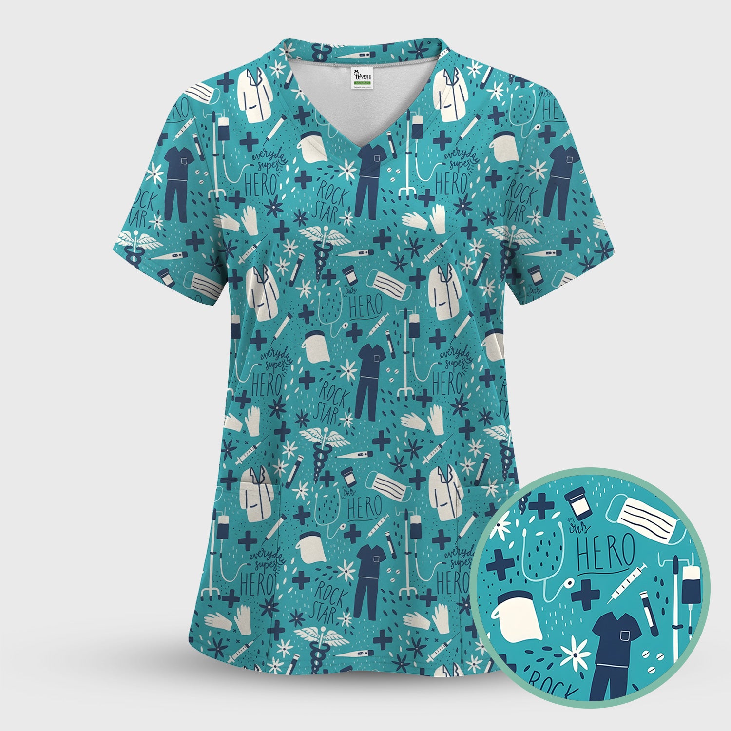 Inspirational Healthcare Hero Medical Tools Nurse Pattern Scrub Set, Scrub Pants and V Neck Top