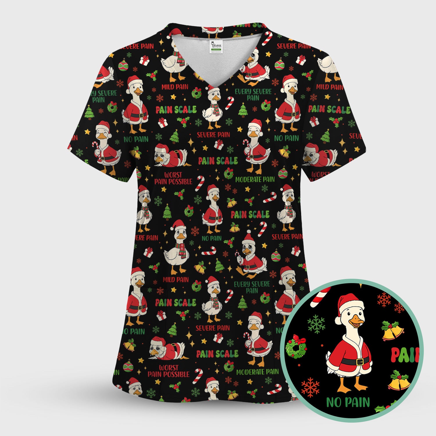 Christmas Nurse Scrub Top - Funny Goose Pain Scale - Cute Holiday Medical Uniform for Women