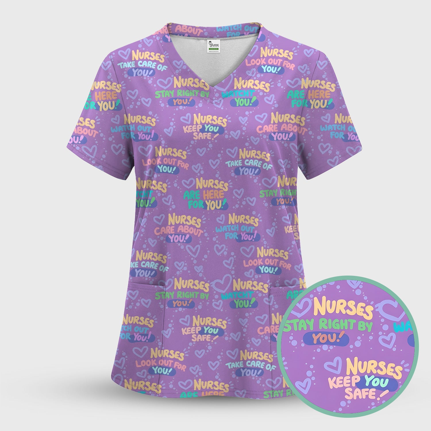 Inspirational Nurse Quote Care Message Pattern Scrub Set, Scrub Pants and V Neck Top