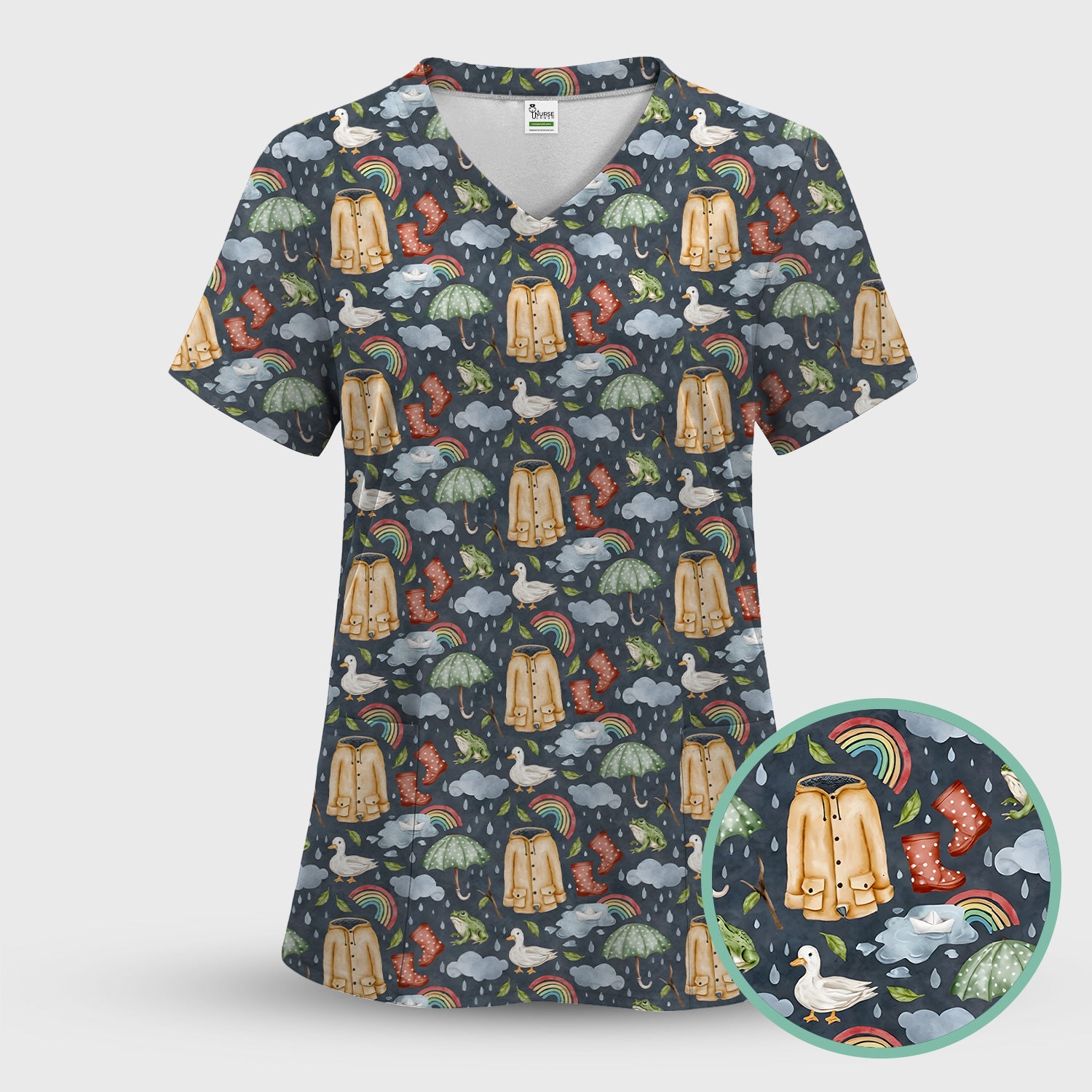 Cute Rainy Day Ducks & Frog Rainbow Pattern Scrub Top, Colorful Gothic Nurse Scrubs Uniform