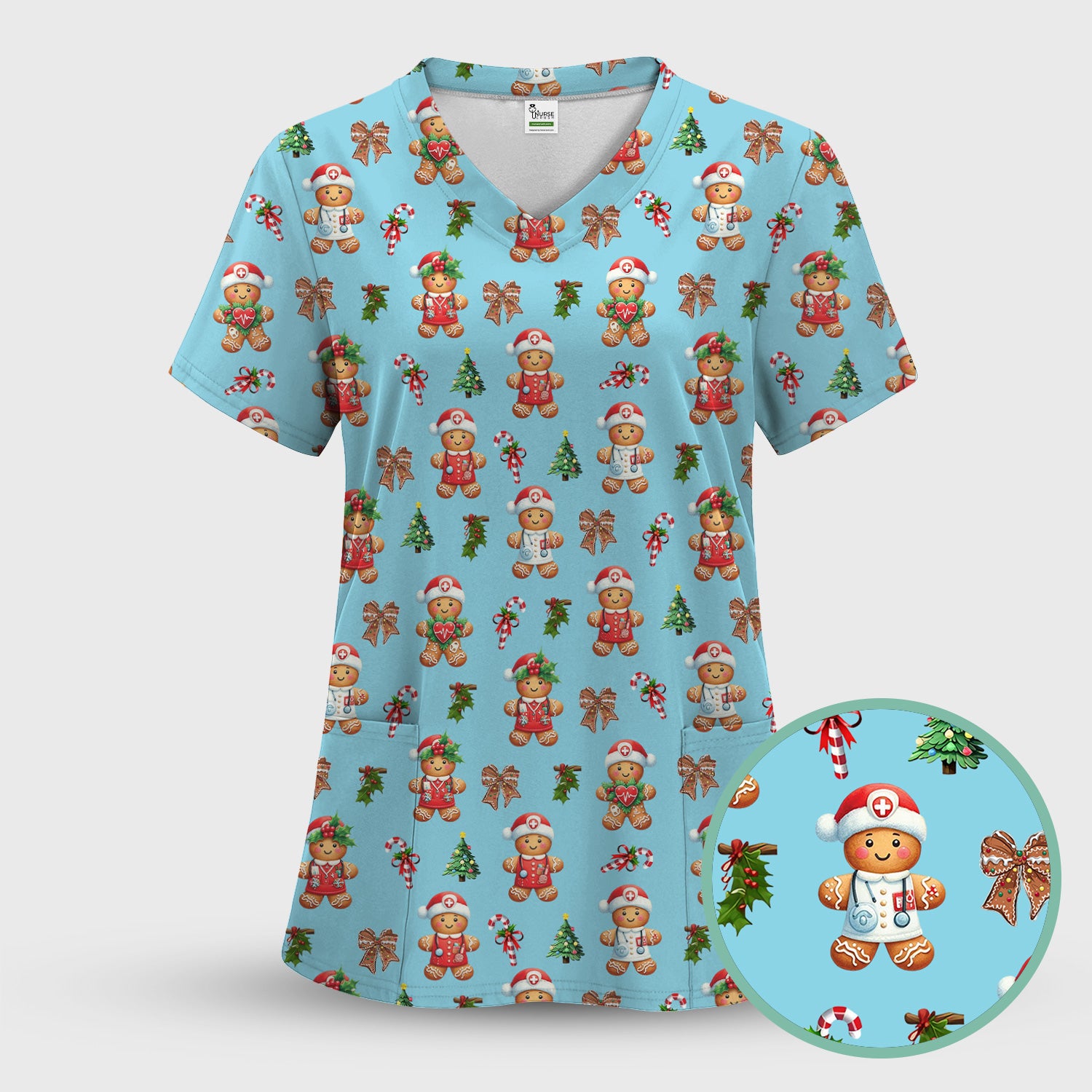 Funny Gingerbread Christmas Scrub Top - Cute Cookie with Bow Shirt - Festive Holiday Scrubs for Women