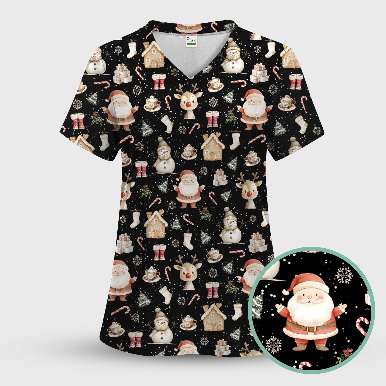 Christmas Santa Pattern  Scrub Top – Cute Medical Uniform for Nurses - Breathable Fabrics Nursing Uniform