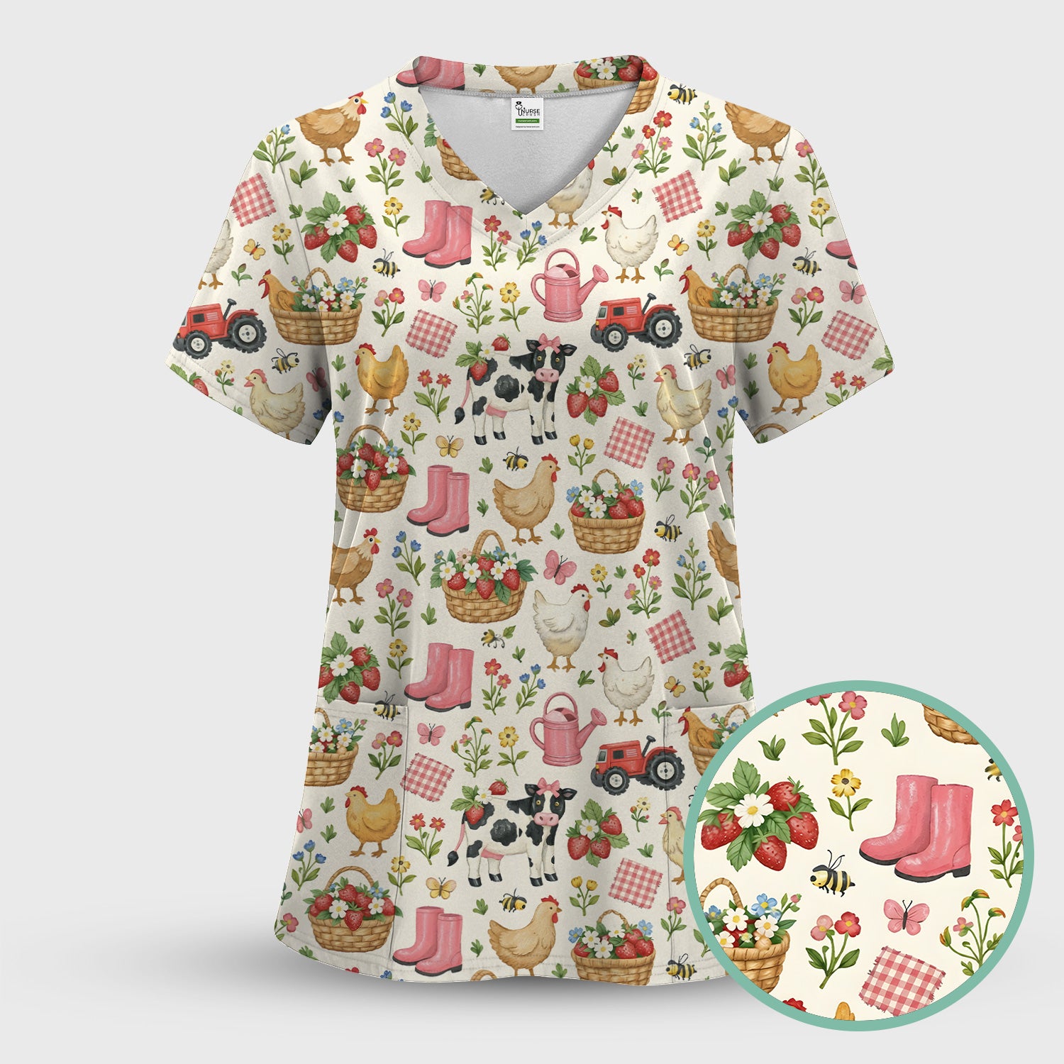 Whimsical Farm Animals Garden Pattern Scrub Top, Comfortable Scrubs for Nurses