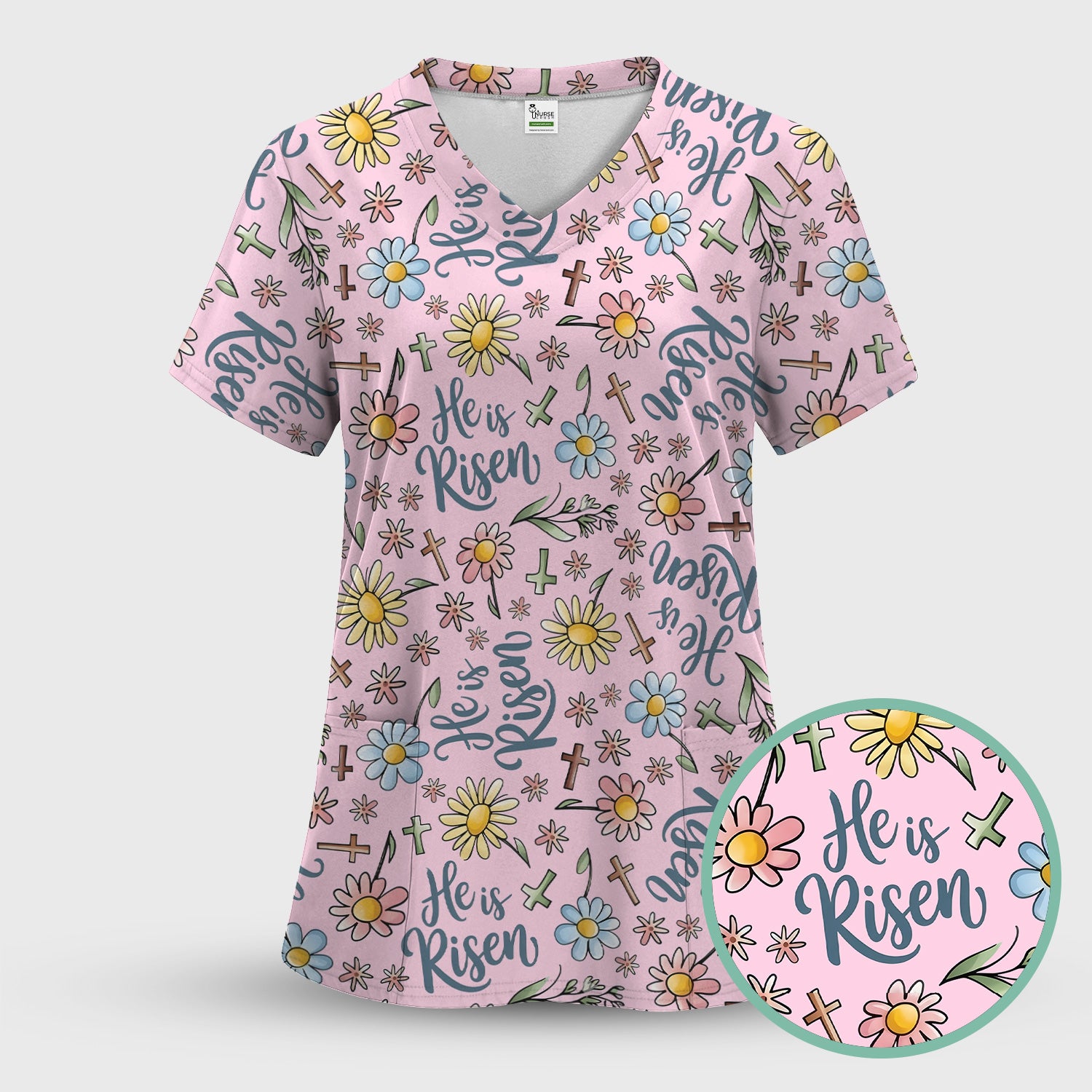 He Is Risen Cross Flower Pattern Scrub Set, Nurse Uniform Scrubs Set