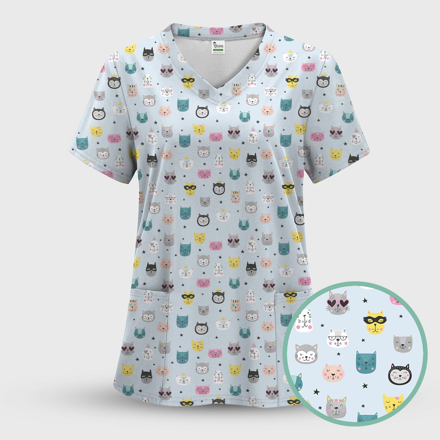Cute Colorful Cat Pattern Scrub Top, Comfortable Scrubs for Nurses