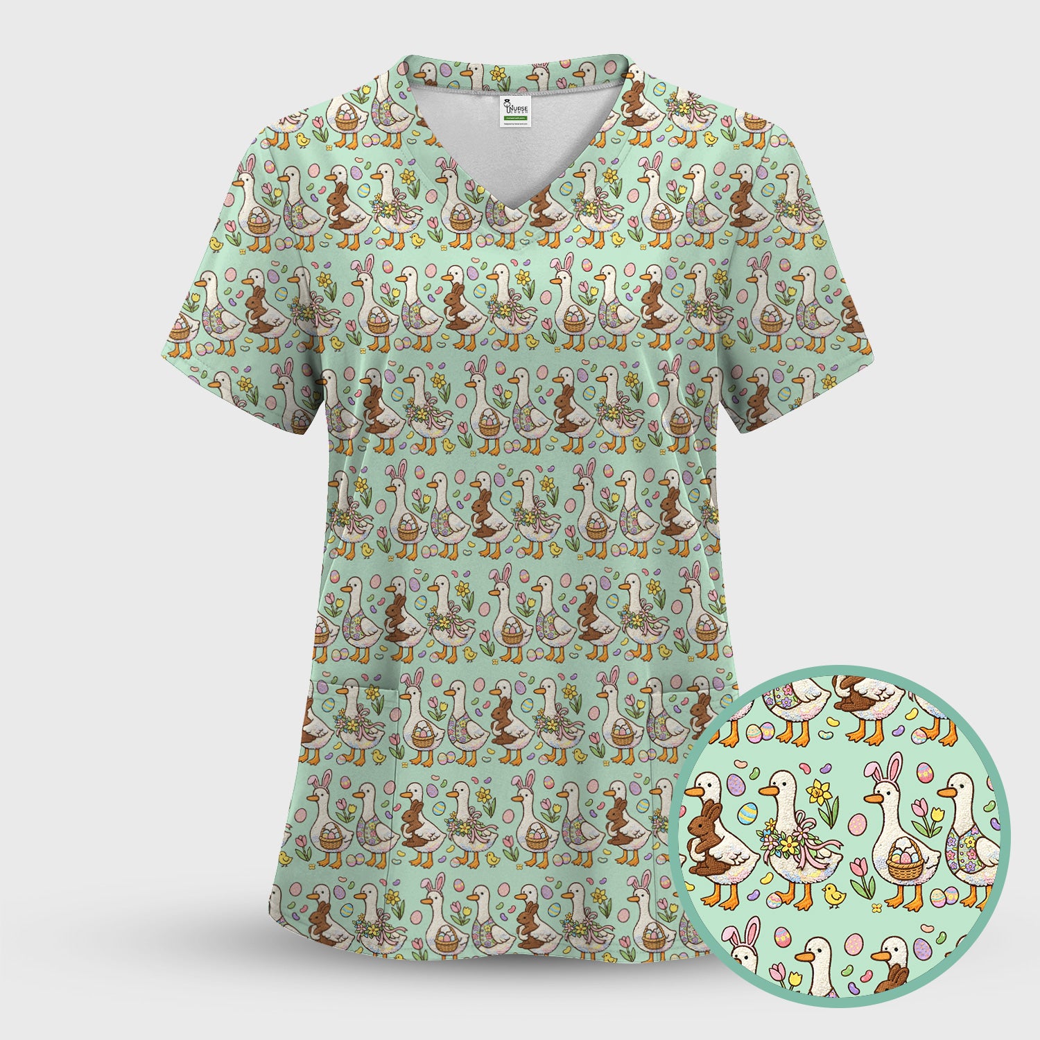 Easter Theme Duck and Bunny Egg Floral Print Scrub Top, Comfortable Scrubs for Nurses