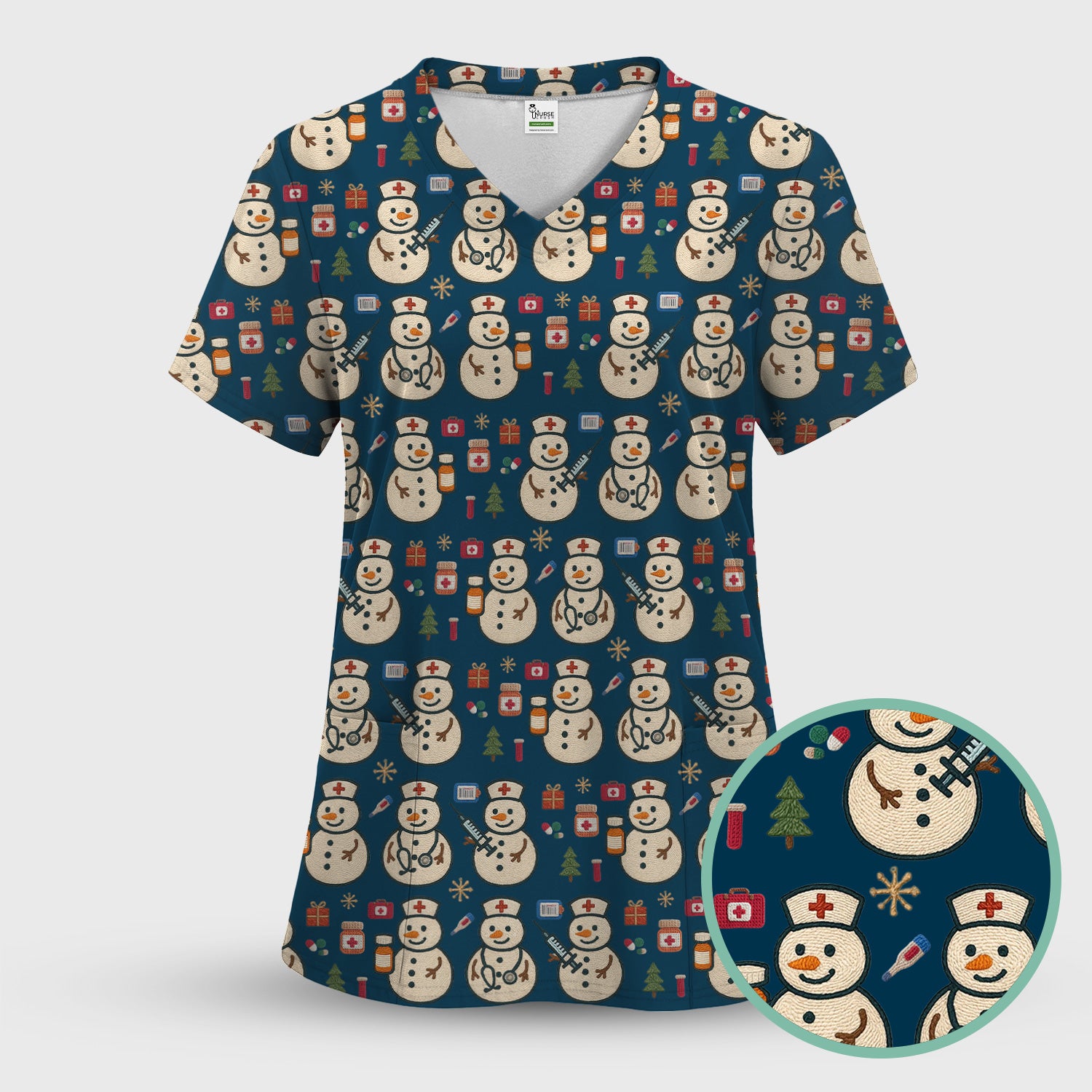 Snowman Nurse Christmas Scrub Top – Festive Medical Pattern Shirt – Cute Holiday Uniform For Nursing