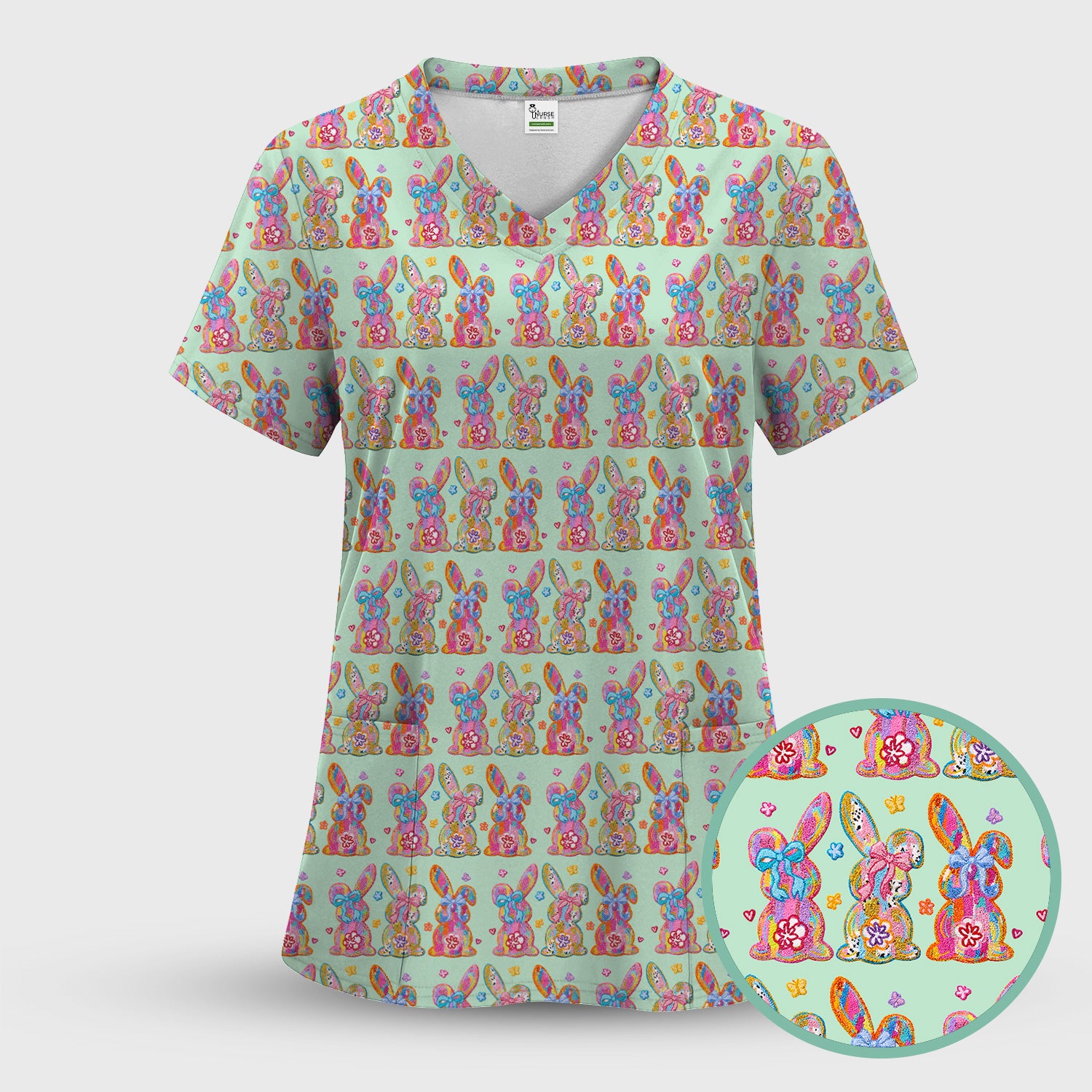 Cute Pastel Bunny Floral Pattern Scrub Top, Comfortable Scrubs for Nurses, Easter