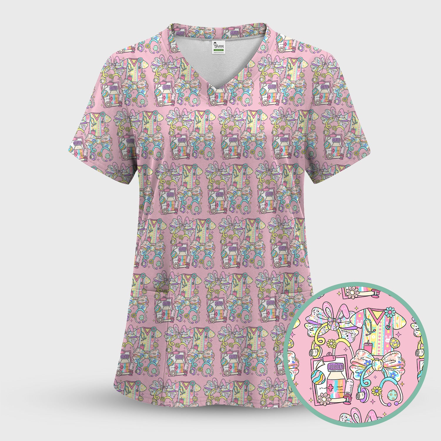 Colorful Nurse Scrub Supplies Pattern Scrub Top, Breathable Fabrics Nursing Uniform