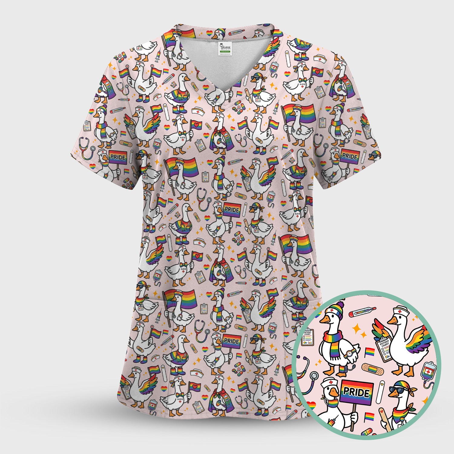 LGBT Pride Nurse Duck Pattern Scrub Top, Breathable Fabrics Nursing Uniform