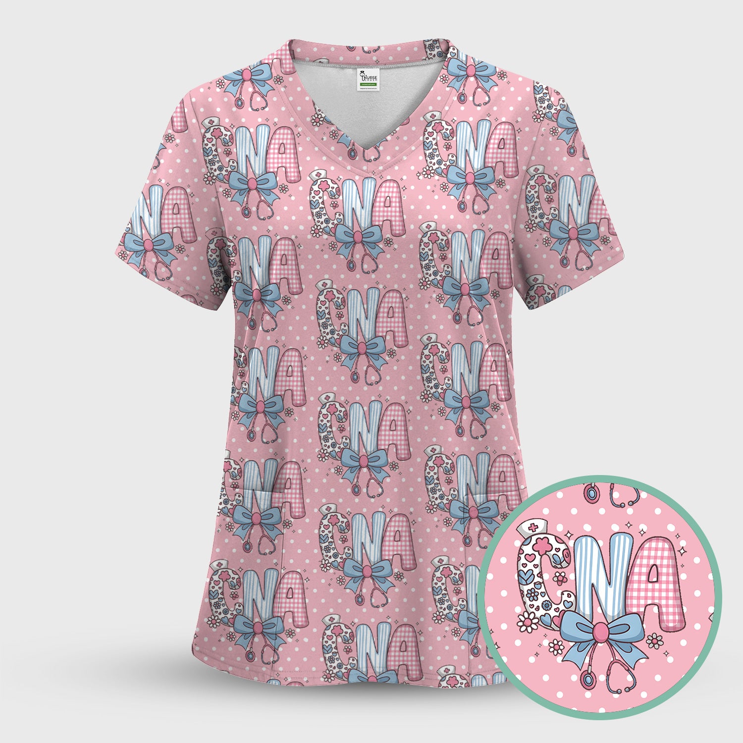 Cute CNA Floral Bow Pattern Scrub Top, Breathable Fabrics Nursing Uniform