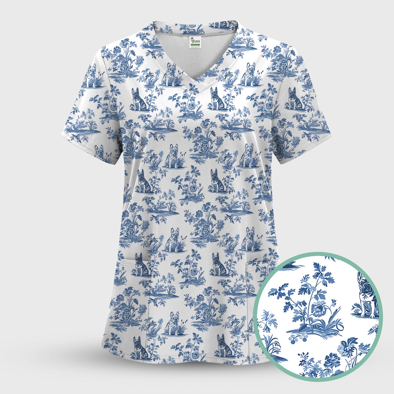 German Shepherd Toile De Jouy Scrub Top, Vintage Dog Pattern Nurse Scrub Shirt, Cute Vet Tech Uniform