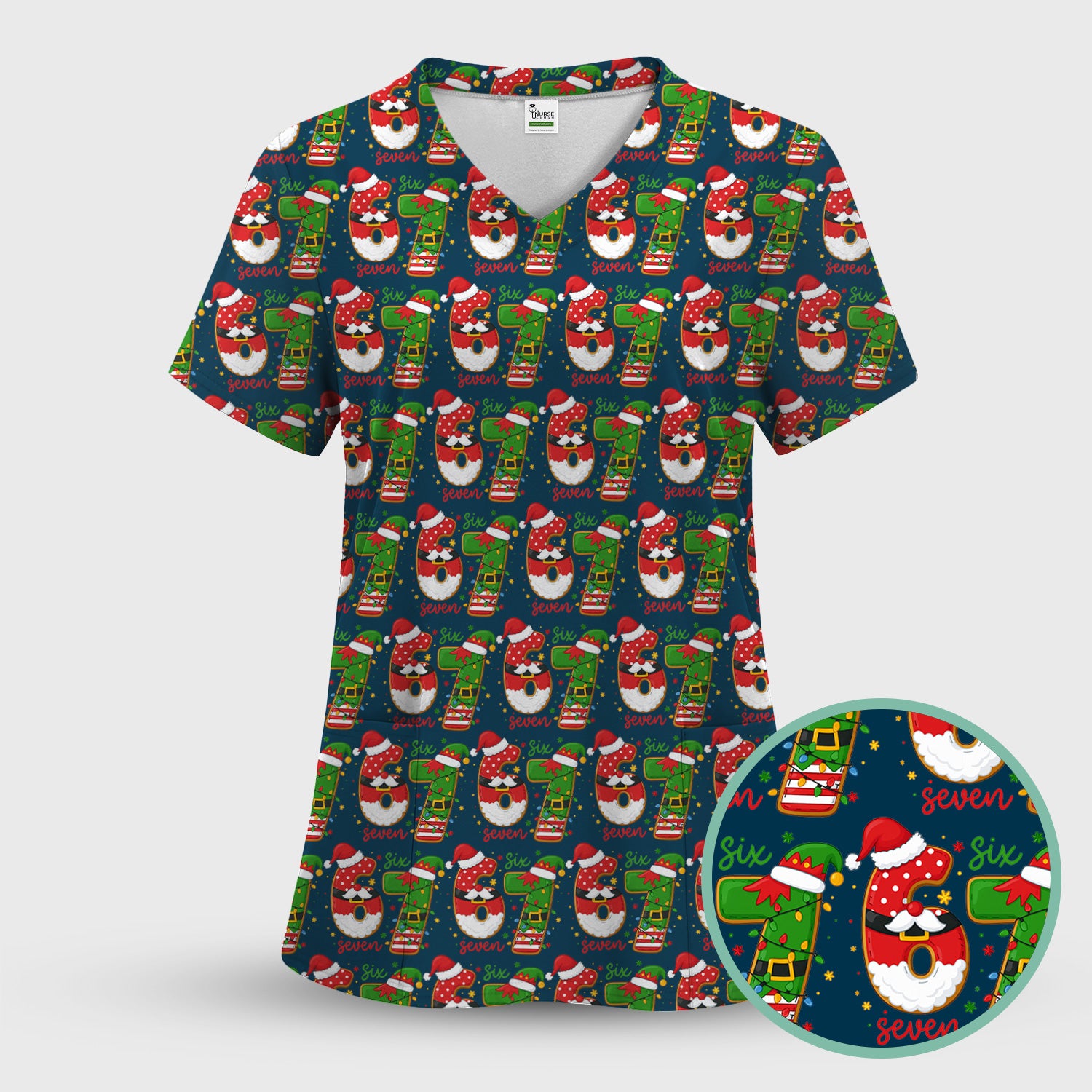 Christmas 67 Pattern Scrub Top, Festive Holiday Medical Uniform Shirt For Nursing