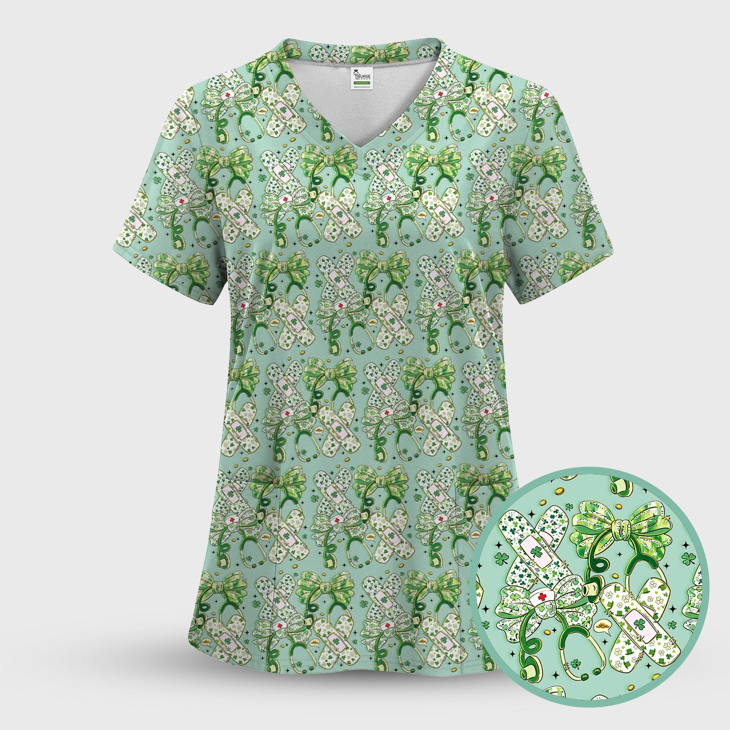St Patrick Shamrock Stethoscope Bow Print Scrub Set, Breathable Med Uniform