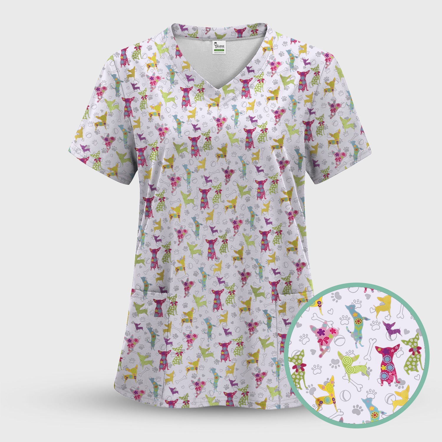 Colorful Playful Dog Print Nurse Scrub Top, Comfortable Scrubs for Nurses