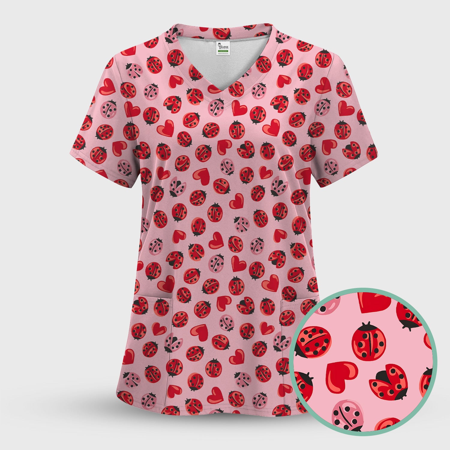 Cute Ladybug and Red Heart All Over Print Scrub Top, Comfortable Scrubs for Nurses