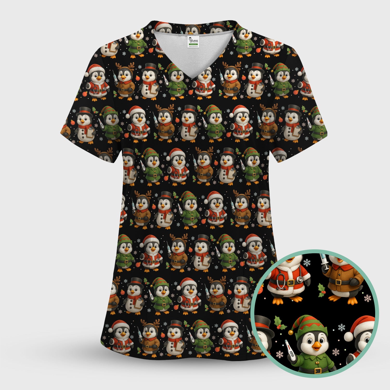 Christmas Scrubs for Women - Cute Penguin Pattern Scrub Top for Nurses - Holiday Penguin Christmas Scrubs Gift Idea